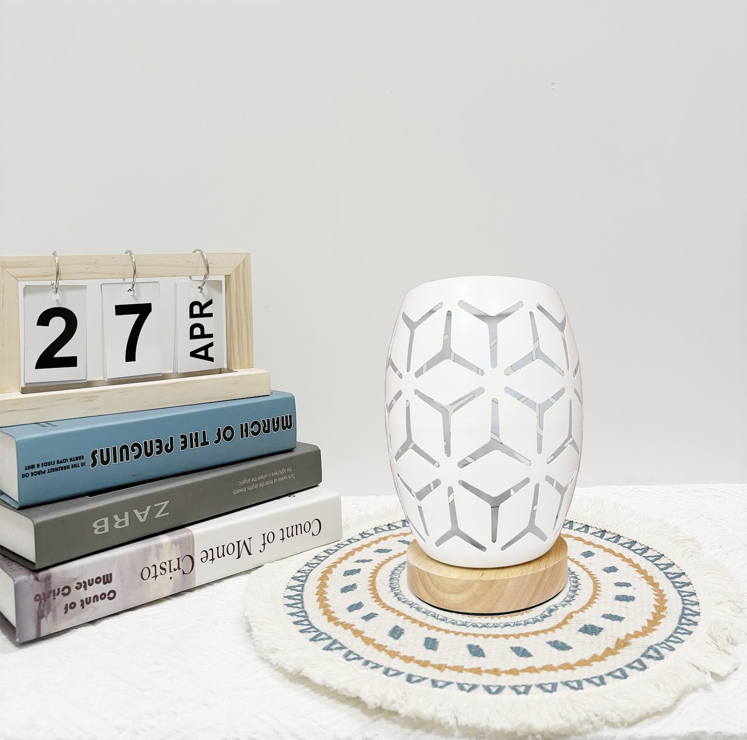 AFORTLO Boho Table Lamp - Small Wood Base with Hollow-Carved Metal Cage, Decorative Night Light for Bedroom, Living Room, Office & Nightstand - Includes Bulb (Rhombus Shape) | Perfect for Reading Nooks, Romantic Ambience & Home Office Lighting
