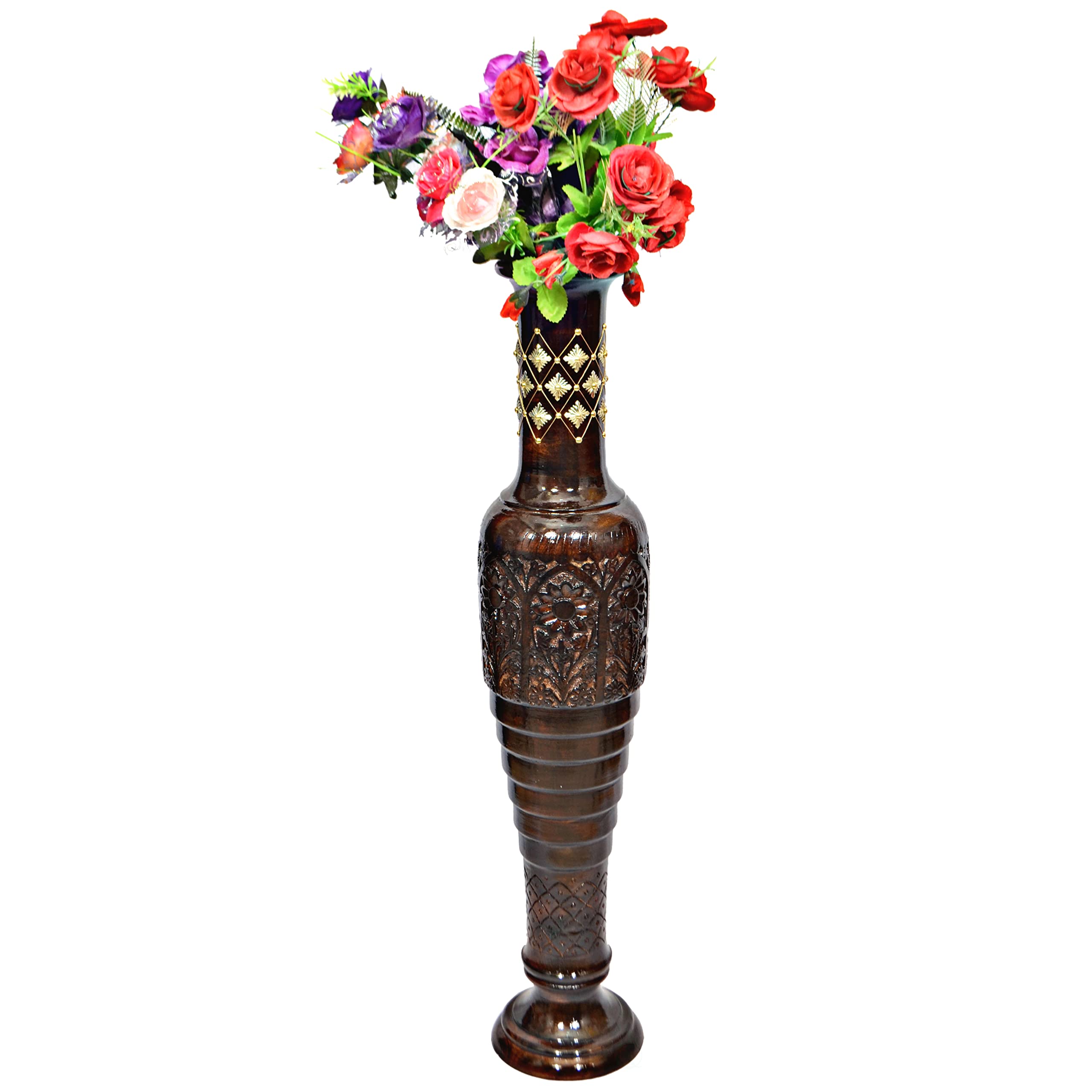 Antique Decorative Hand Carved Brown Mango Wood Floor Vase with Unique Textured Pattern - 37 Inch Tall Flower Vase for Home Decor, Living Room Centerpiece, Wedding & Event Decoration - QI004010