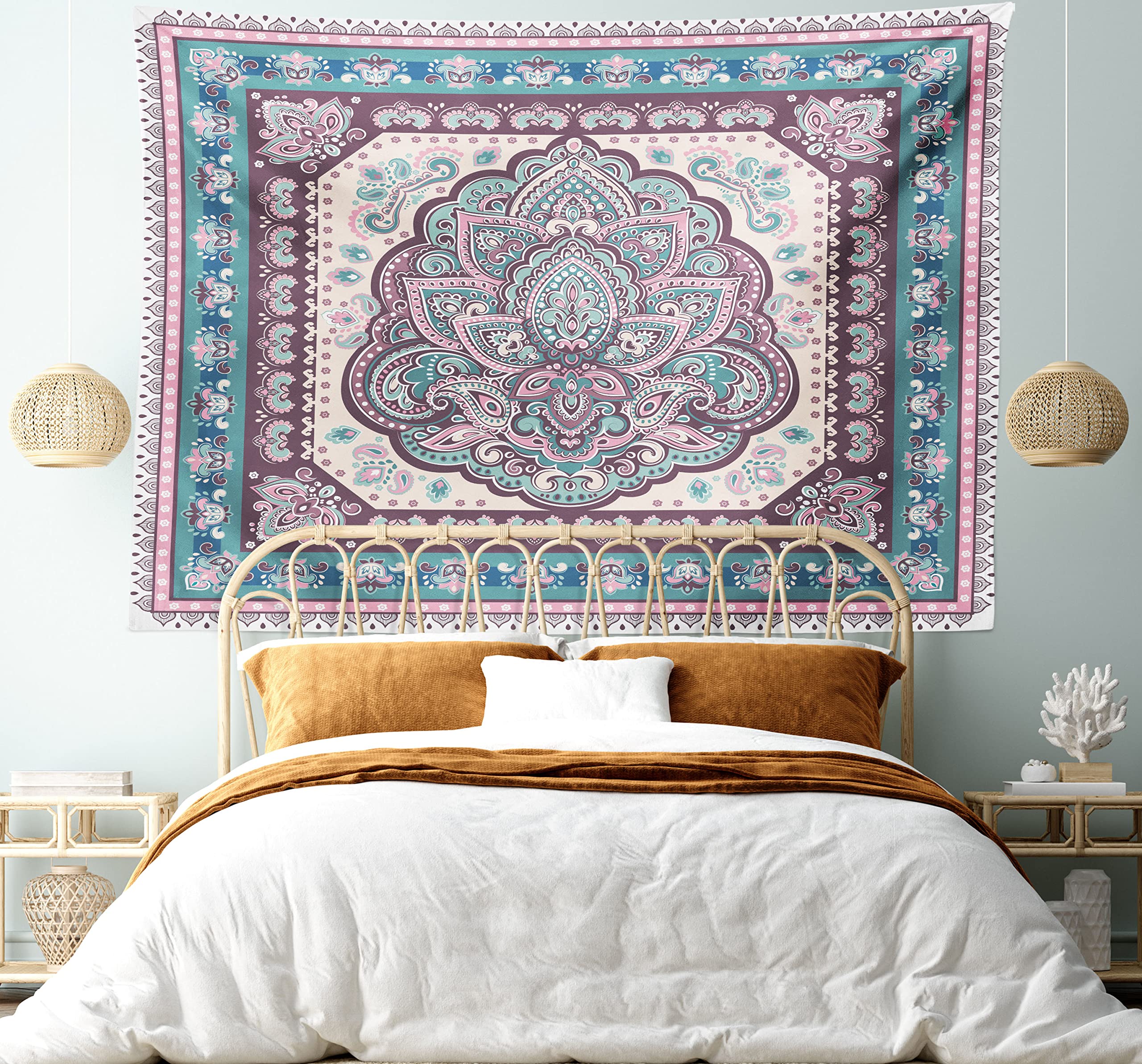 Ambesonne Bohemian Mandala Paisley Tapestry - King Size Ethnic Wall Hanging, Bedspread & Home Decor in Pale Pink Purple | Perfect for Bedroom, Living Room & Hippie Style Decorations