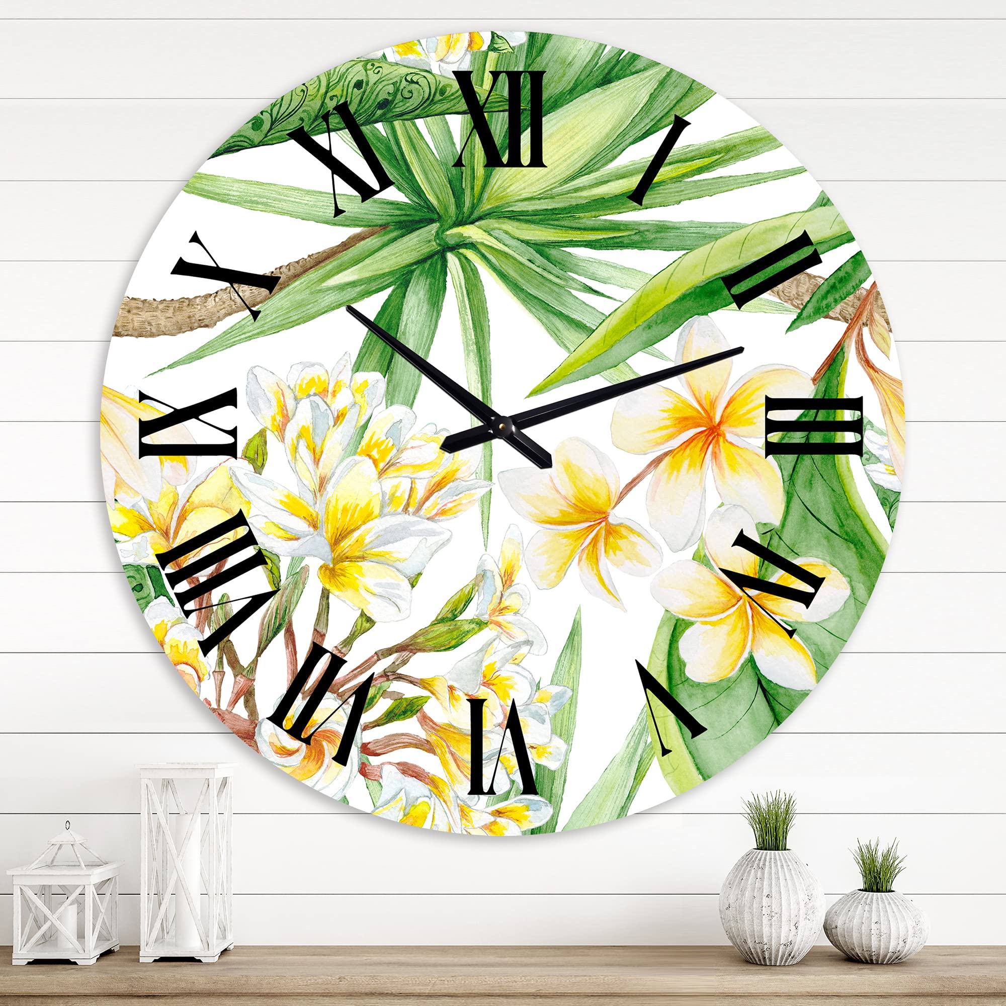 DesignQ Modern Wall Clock 'Tropical Foliage & Yellow Flowers' - Large Floral Botanical Wall Clock for Living Room, Bedroom, Office Decor | Perfect for Home, Office & Gift Giving