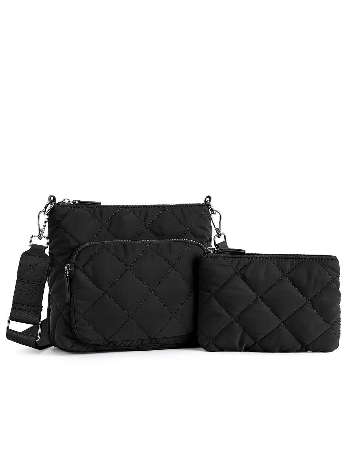 WESTBRONCO Quilted Crossbody Bag for Women with Multi Zipper Pockets - Nylon Purse & Wallet Set - Perfect for Travel, Shopping and Everyday Use