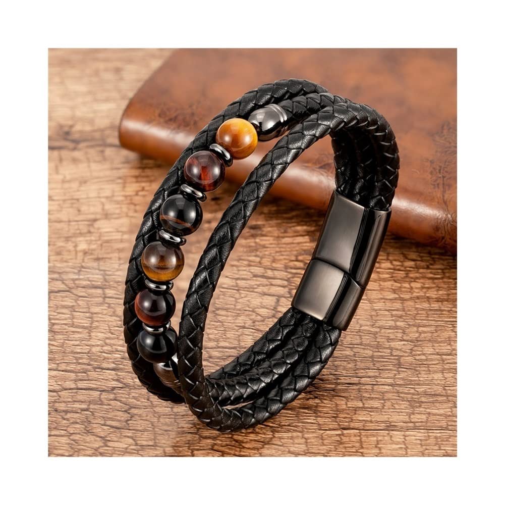Premium Multilayer Leather & Beaded Bracelets for Men & Women - 8mm Beads, Adjustable 21cm Length, Mixed Metal Colors - Perfect for Casual Wear, Gifts & Boho Fashion Accessories