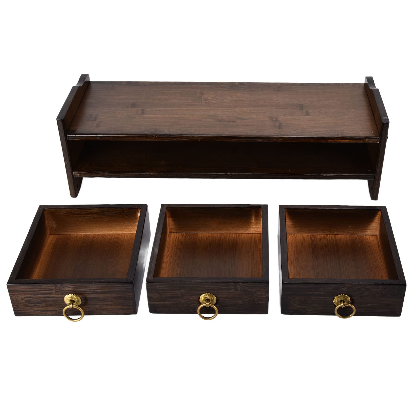 Garosa Wood Monitor Stand Riser with 3 Drawers - Desk Organizer & Computer Monitor Height Adjustable Bracket for Home Office, Study, Gaming Setup - Walnut Finish with Backing (Ergonomic Workspace Solution)
