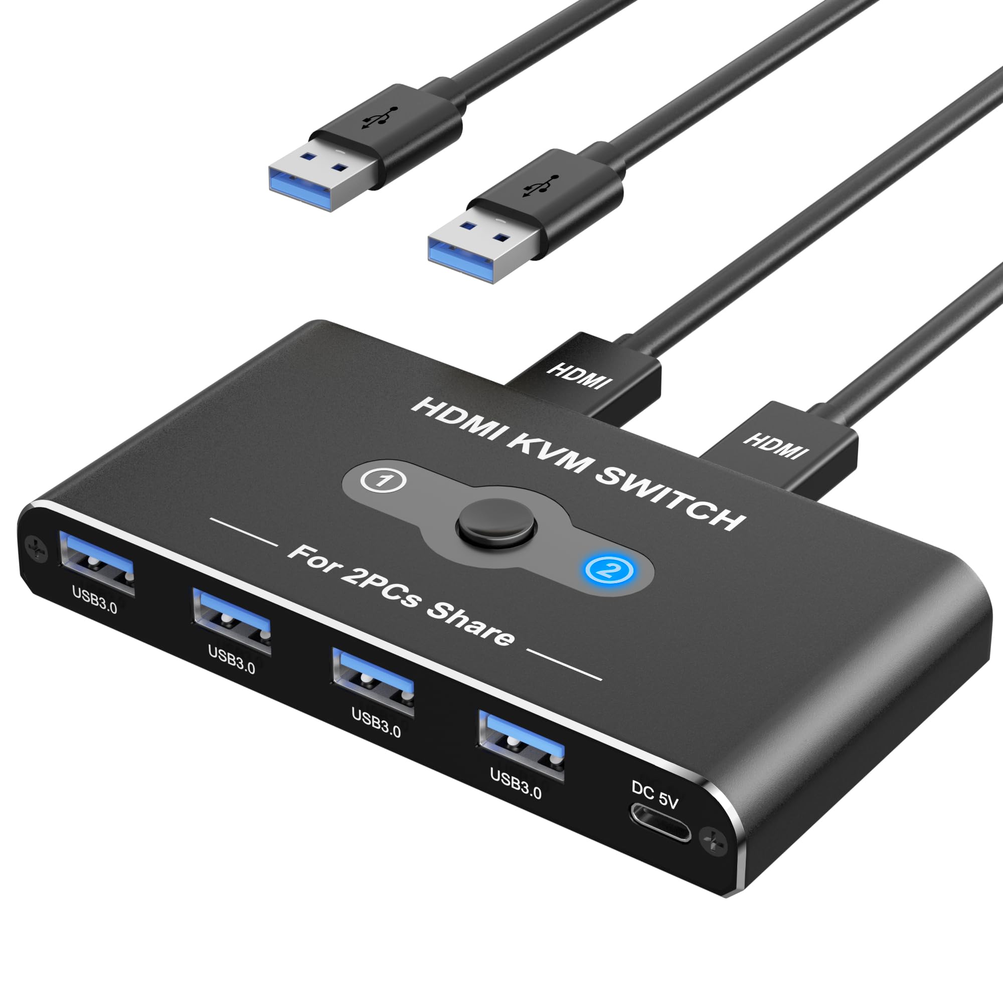4K@60Hz HDMI KVM Switch for 2 Computers 1 Monitor - 4-Port USB 3.0 Hub for Keyboard, Mouse, Printer & Scanner - Perfect for Home Office & Multi-Device Workspace Setup