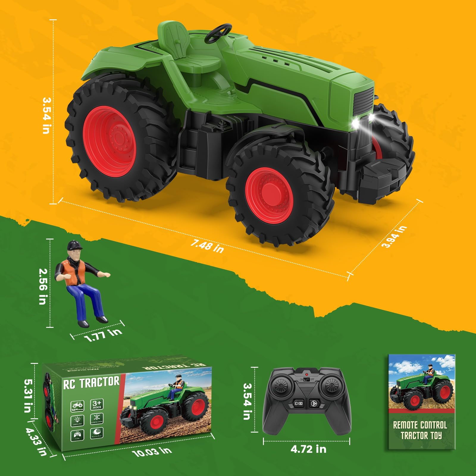 1:24 Scale Remote Control Tractor Toy for Kids Ages 3-5 - Rechargeable RC Farm Vehicle with Farmer Figure & LED Lights | Birthday Gift for Toddlers Boys & Girls | Indoor Play, Outdoor Garden Fun, Pretend Farming Scenarios