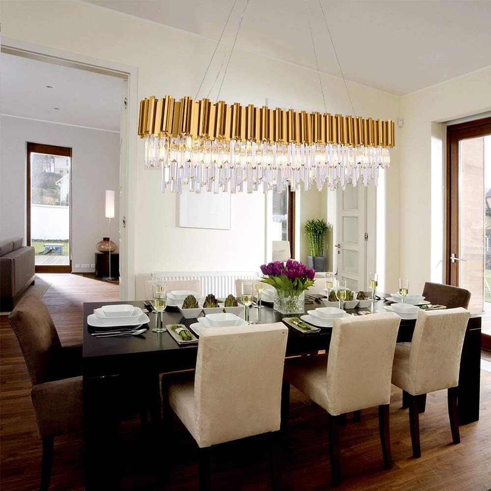Luxury Modern Crystal Linear Chandelier - Oval Raindrop Pendant Ceiling Light Fixture in Gold | Elegant Lighting for Kitchen Island, Dining Room, Living Room & Bedroom | Perfect for Home Decor, Wedding Venues and Luxury Interior Design