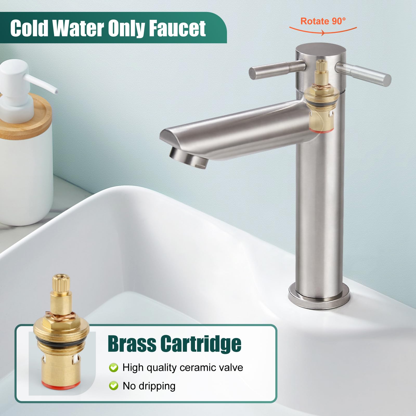 Stainless Steel SUS304 Single Handle Bathroom Sink Faucet for Cold Water - Perfect for Small Spaces & Powder Rooms