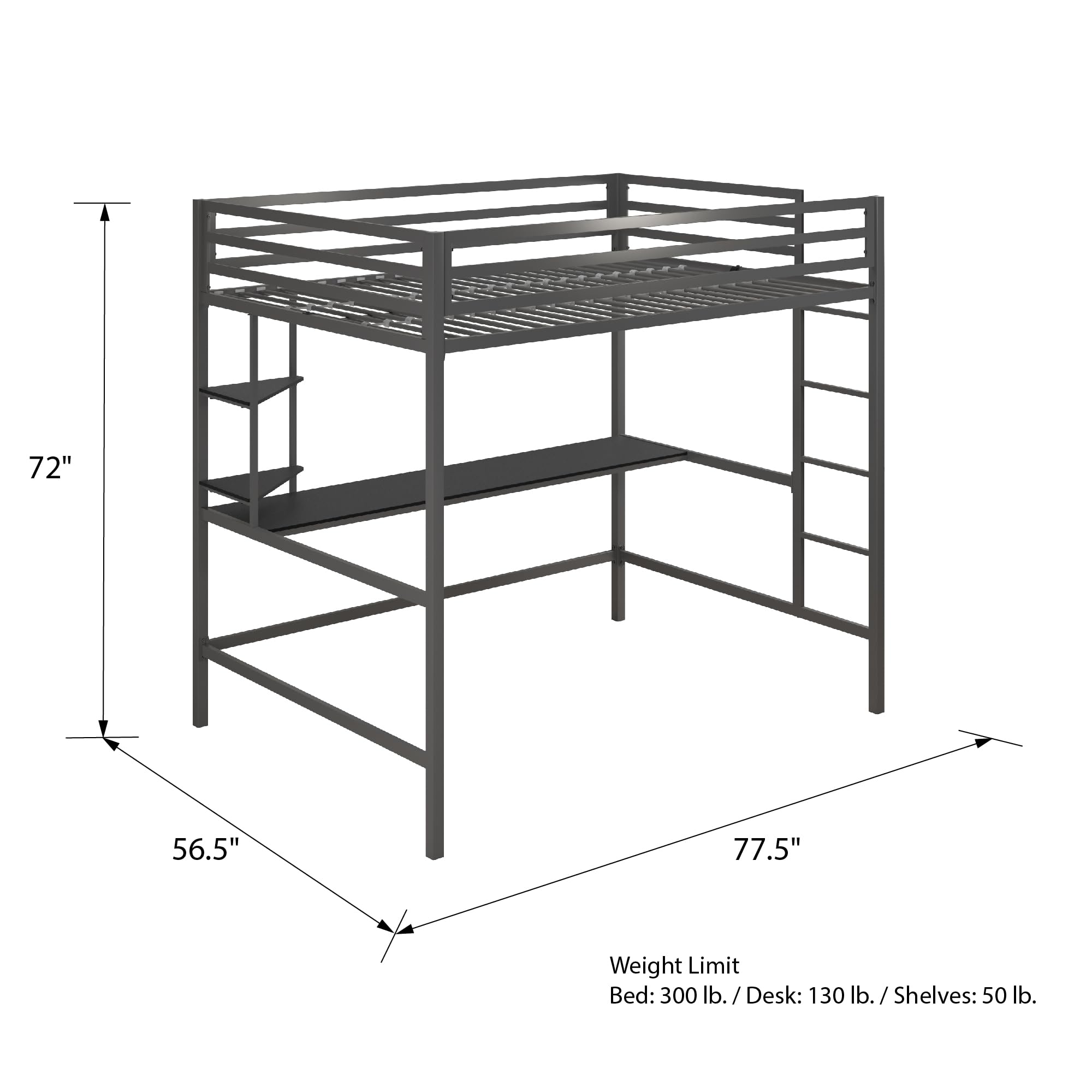 Novogratz Maxwell Metal Full Loft Bed with Built-in Desk & Shelves - Space Saving Gray/Black Bed Frame for Small Rooms, Dorms & Apartments