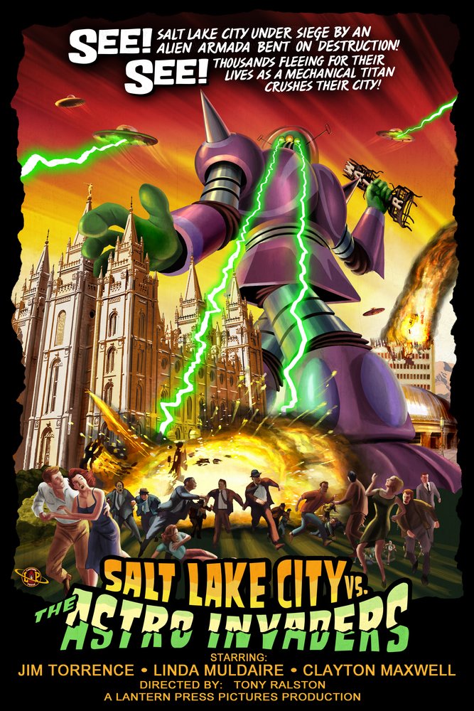Salt Lake City Versus Astro Invaders - 16x24 Wrapped Canvas Wall Art, Modern Home Decor, Sci-Fi Landscape Painting for Living Room, Bedroom & Office