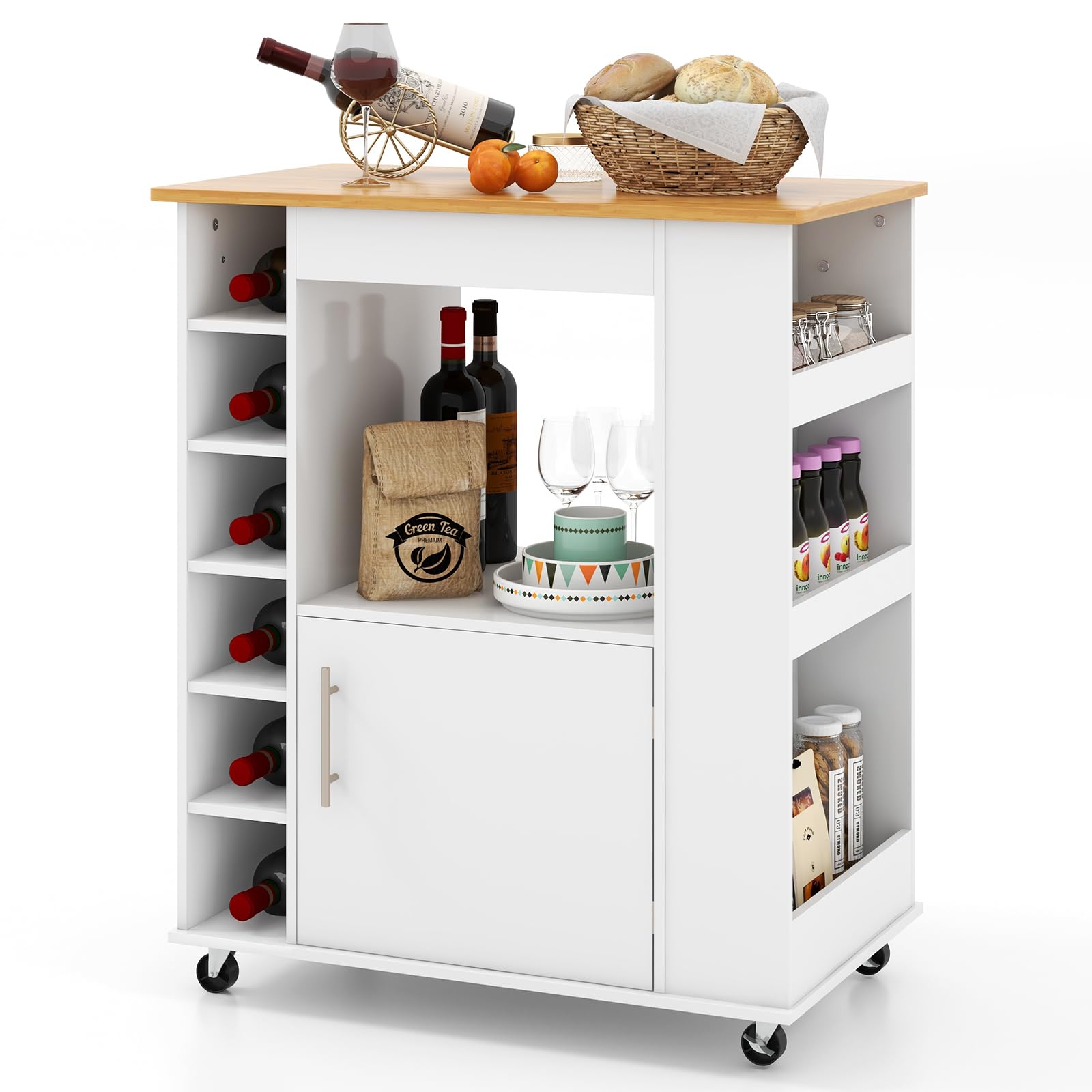 Giantex Mobile Kitchen Island Cart with Storage Cabinet, Bamboo Top & Wheels - 6-Bottle Wine Rack, 3-Tier Spice Rack, Towel Holder - White Rolling Microwave Stand for Small Spaces, Dining Room, Coffee Bar & Apartment Cooking