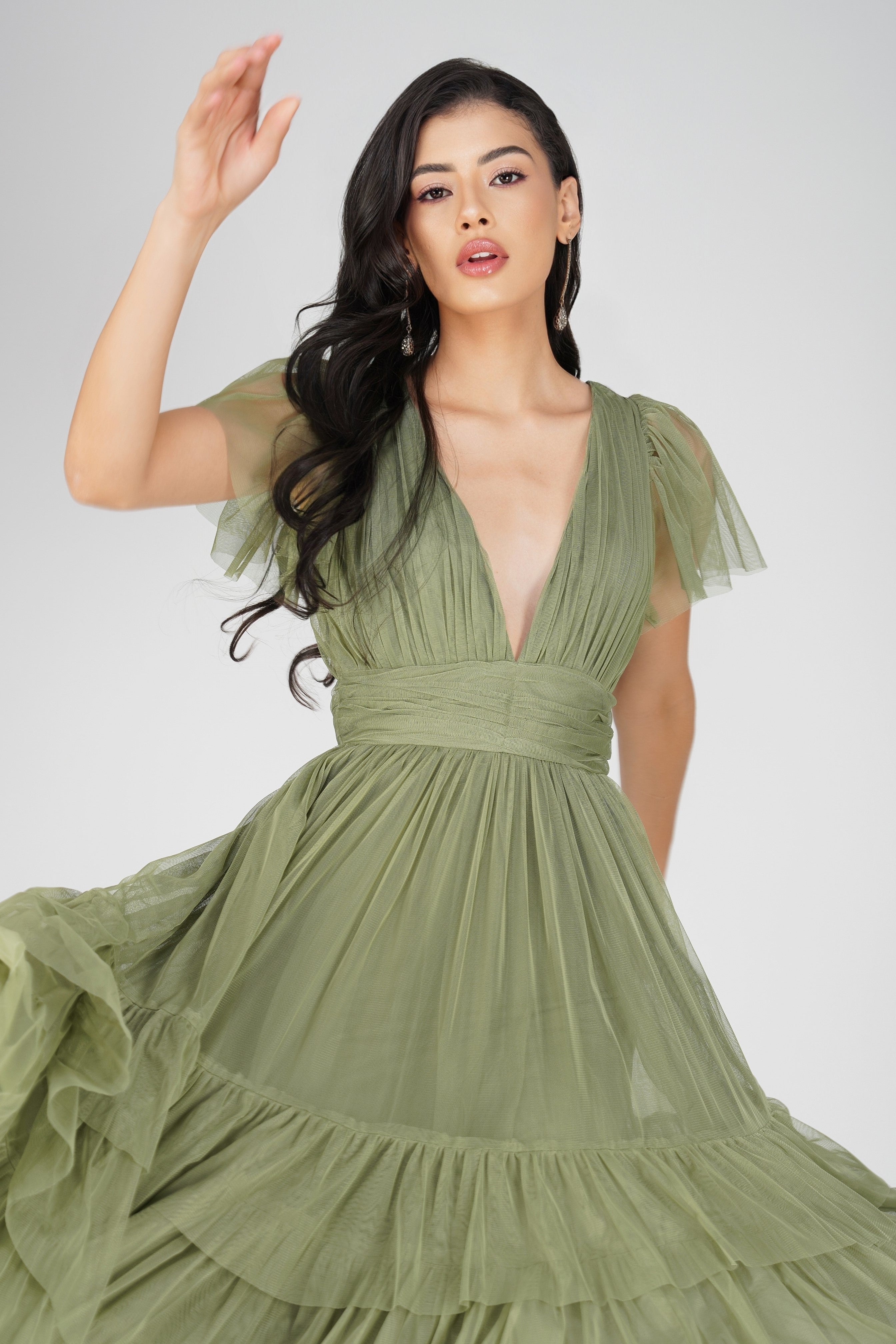 Madison Soft Olive Tulle Bridesmaid Midi Dress - Elegant Wedding Party Gown for Bridesmaids, Formal Occasions & Special Events