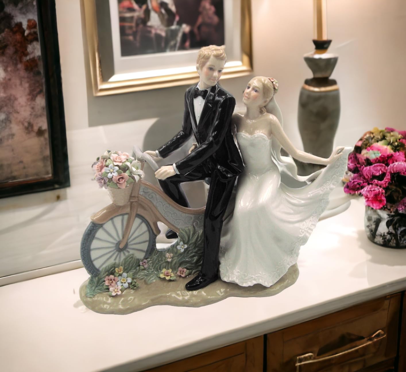 Fine Porcelain Newlywed Couple on Bike Figurine - 12 Inch Handcrafted Wedding Gift for Anniversary, Home Decor & Romantic Couples - Perfect for Wedding, Anniversary, Valentine's Day & Home Display