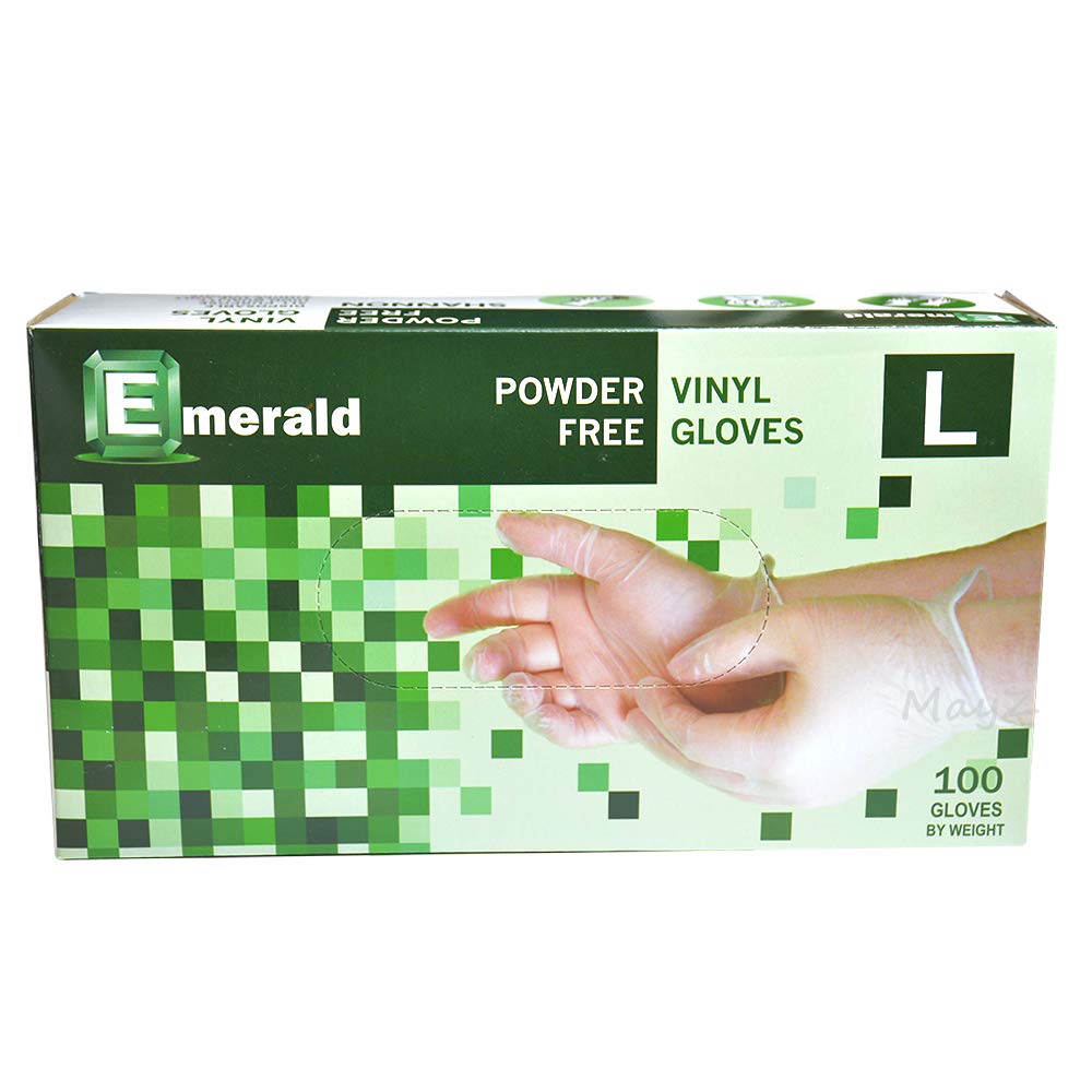 Emerald Shannon Powder-Free Vinyl Gloves - Large (100 Pack) | Disposable Gloves for Food Handling, Cleaning & Medical Use