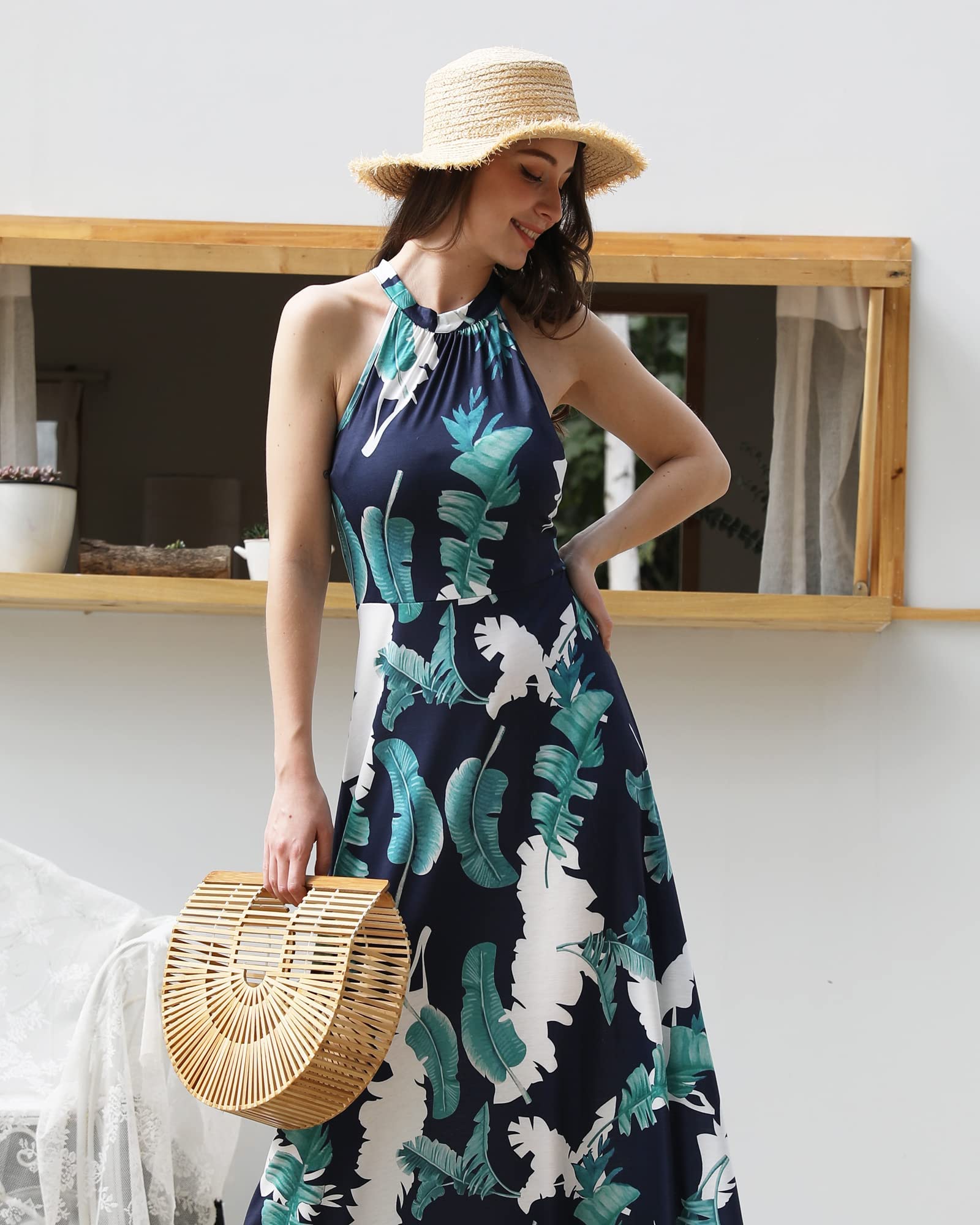 STYLEWORD Women's Summer 2025 Floral Maxi Dress - Halter Neck Sexy Formal Gown for Wedding Guest, Beach Party & Special Occasions