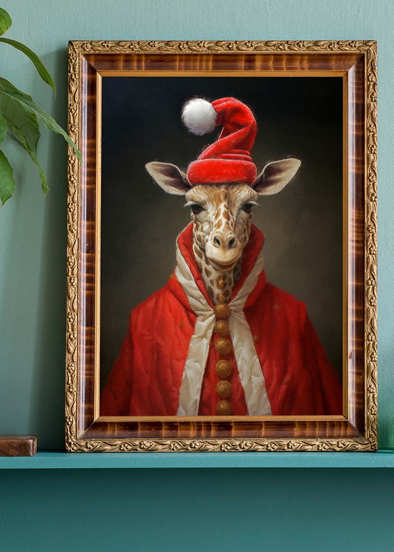 Christmas Giraffe Animal Portrait Print - Festive Holiday Wall Art Decor for Living Room, Nursery & Office