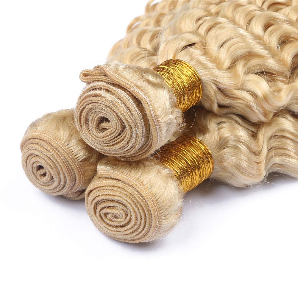 Brazilian Human Hair Frontal Closure 13x4 with 3 Bundles - 613 Blonde Hair Extensions Mixed Length (16-24 Inch) for Sew-in Weave & Natural Hairstyles