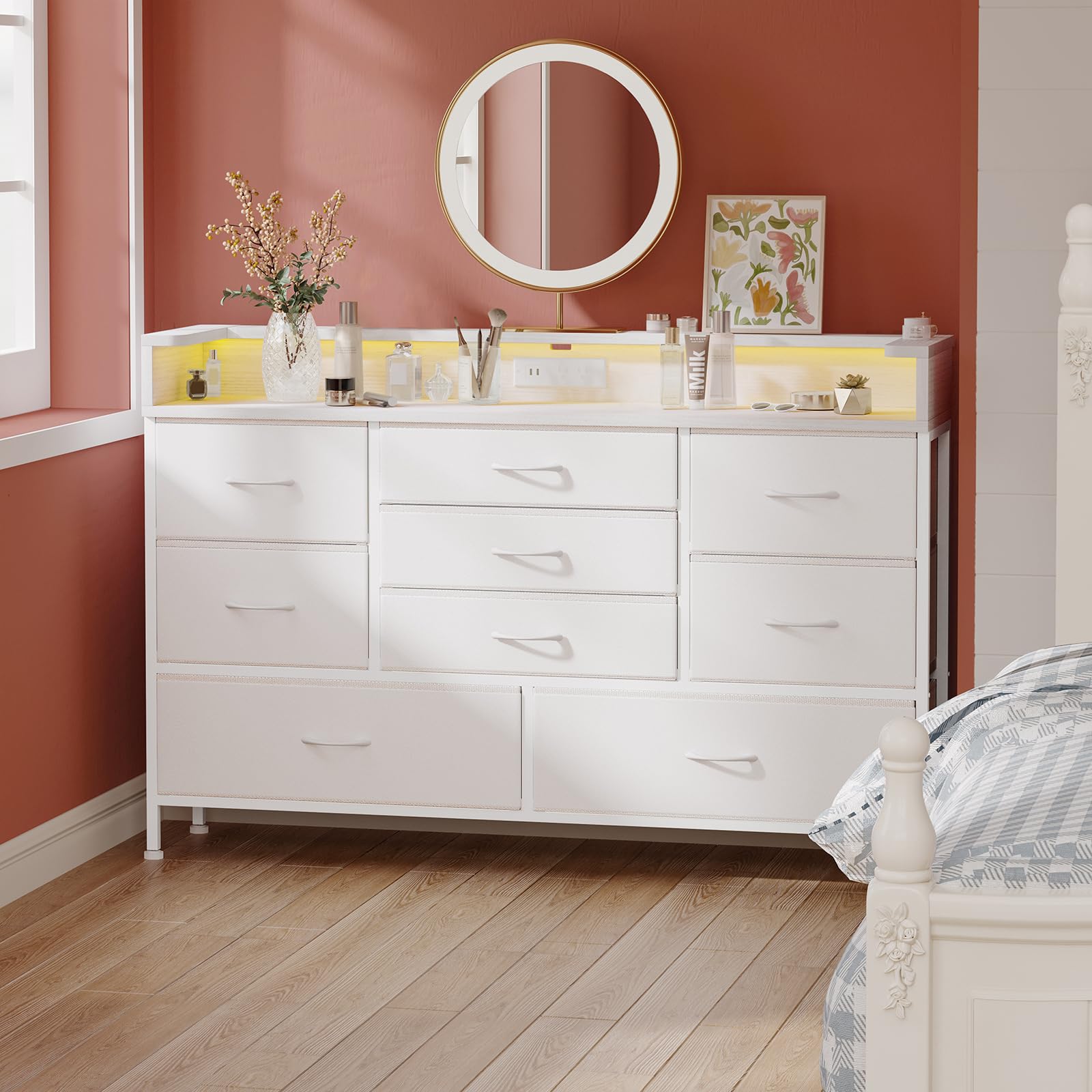 Fixwal White LED Dresser with 9 Drawers & USB Charging Station - Fabric Storage Cabinet with PU Finish for Bedroom, Living Room, Hallway & Entryway - Perfect for Organizing Clothes, Jewelry & Home Accessories