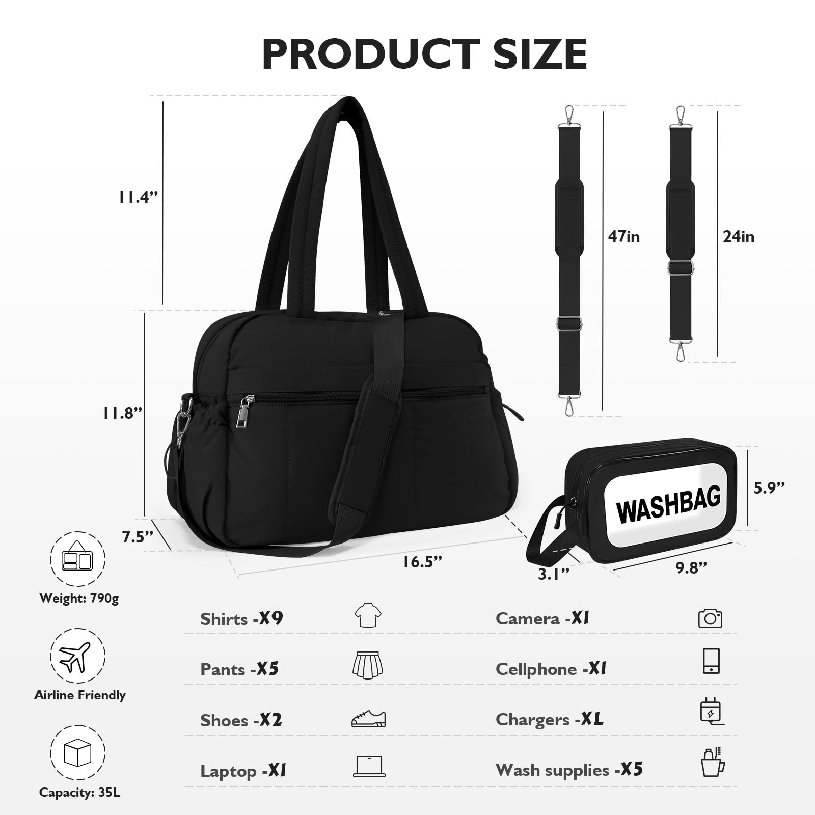 **Waterproof Travel Duffle Bag for Women - Large Gym Bag with Washbag & Toiletry Pouch - Sports, Workout, Overnight & Hospital Carry-On Weekender (Black) - Perfect for Gym, Travel & Business Trips**