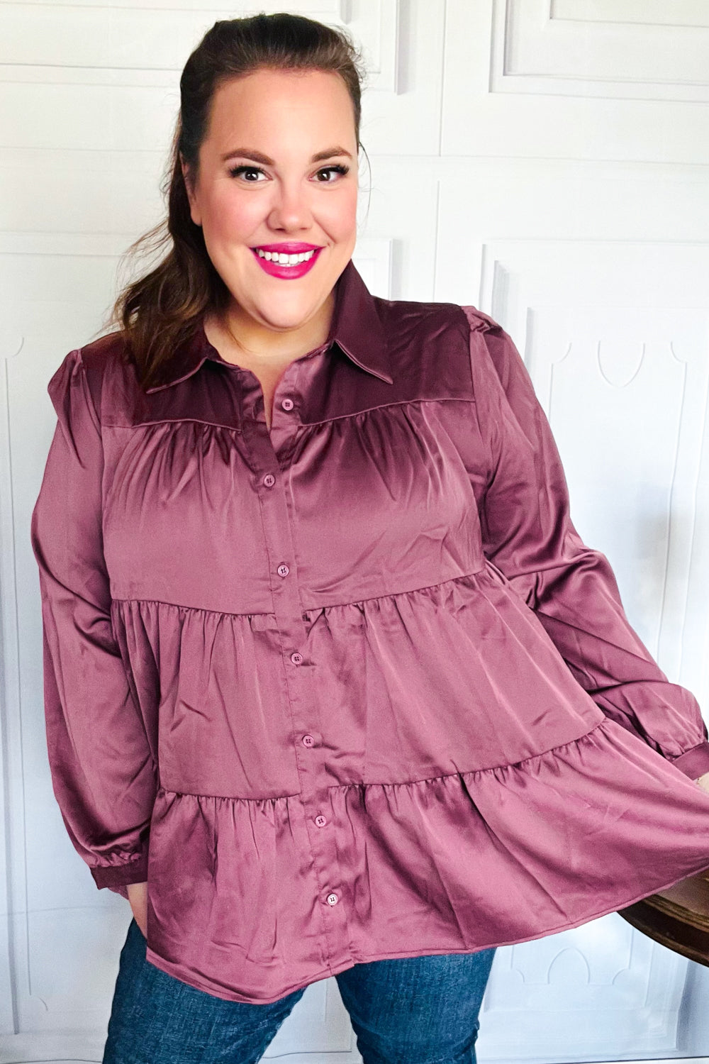 Burgundy Satin Babydoll Top with Button Down & Tiered Design - Perfect for Date Nights, Parties & Casual Outfits