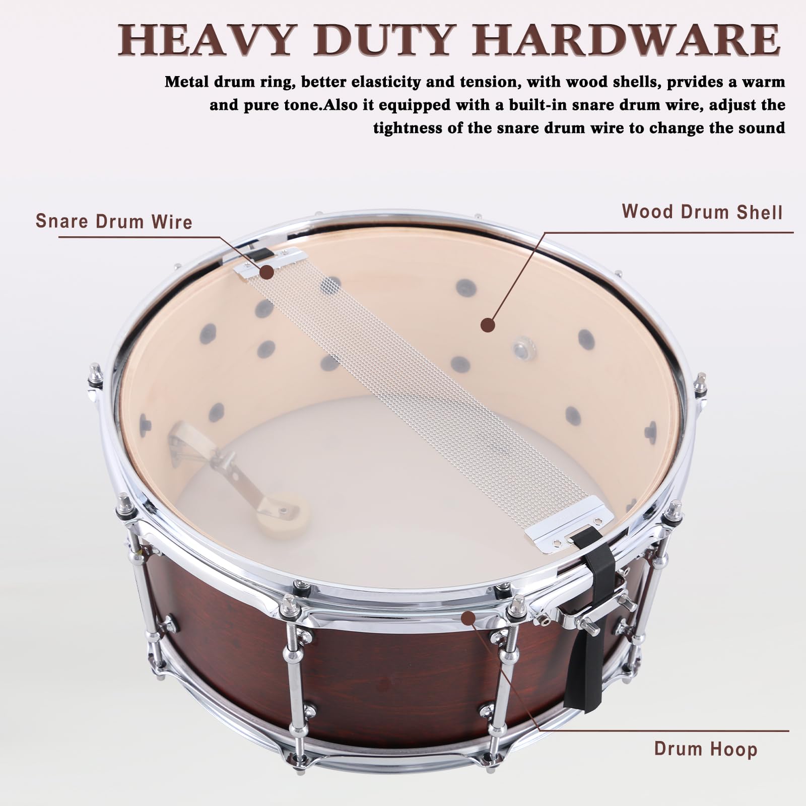EASTROCK 14x6.5 Inch Professional Snare Drum with Reddish Brown Texture Finish - Premium Drum Set Accessory for Drummers & Adults - Perfect for Live Performances, Studio Recording & Drum Practice (Reddish Brown)