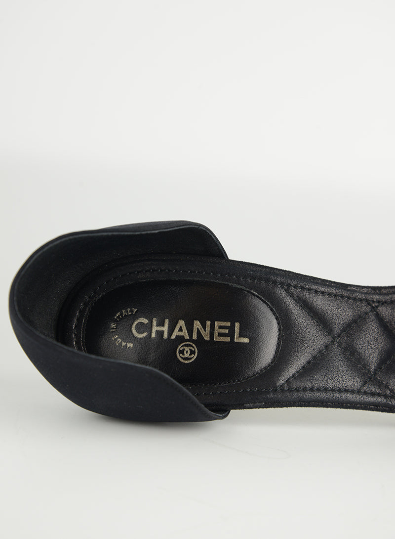 Chanel Black Fabric Décolléte Shoes with Camelia - Size 40.5 | Luxury Women's Flats for Evening Parties & Special Occasions