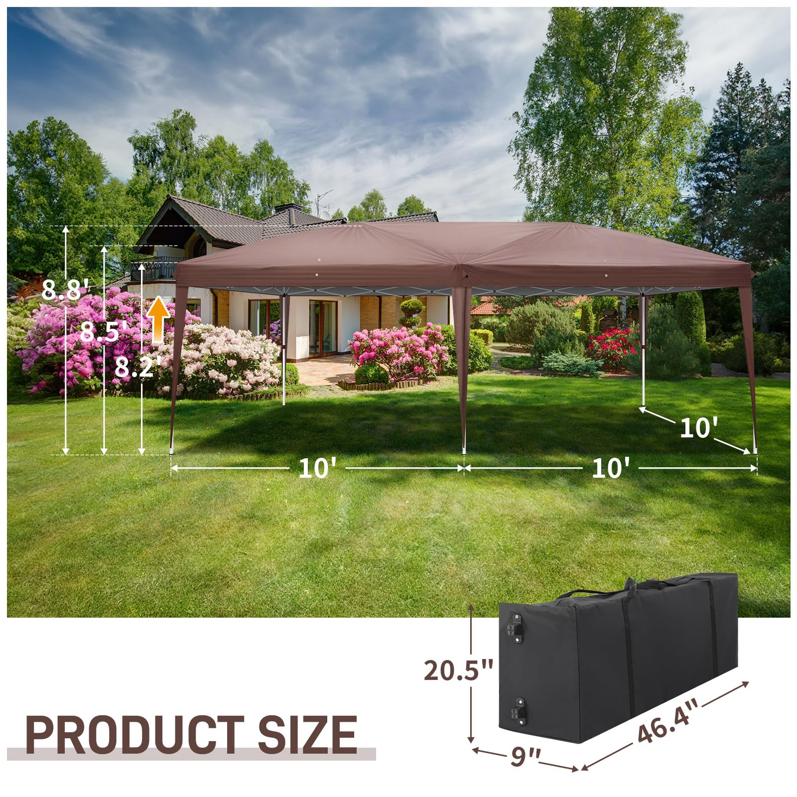 Outvita 10x20ft Ez Pop Up Canopy Tent - Portable Instant Shelter with 4 Sidewalls for Outdoor Events, Parties, Weddings, Birthdays & Graduations (Brown) | Perfect for Backyard BBQs, Farmers Markets, Beach Picnics & Camping Trips