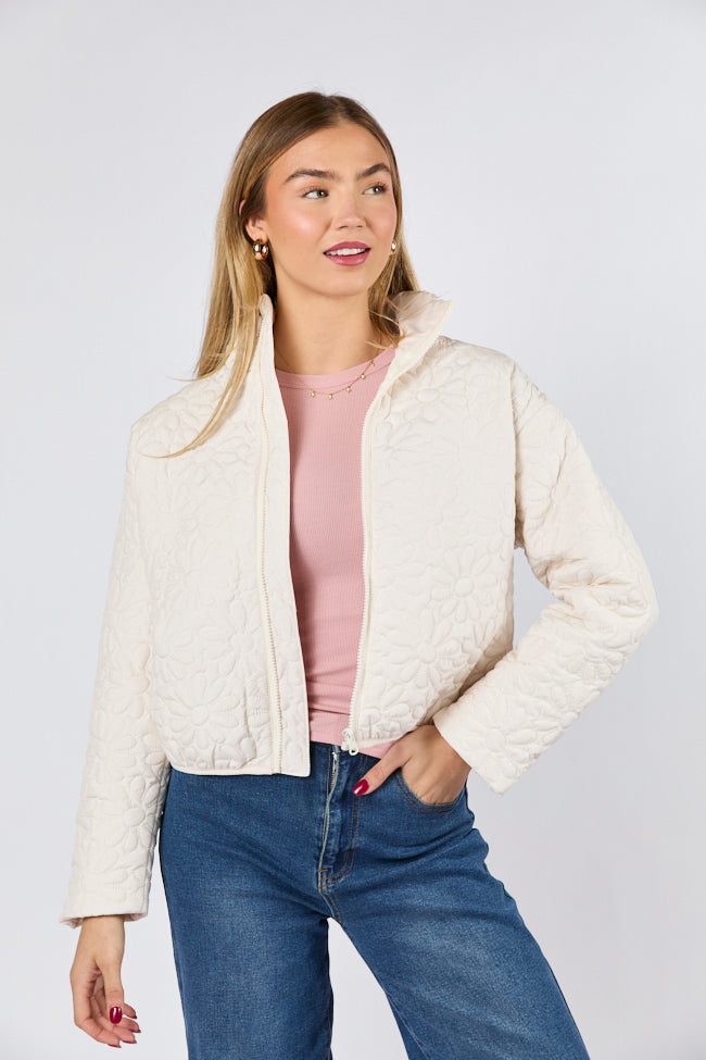 Full Bloom Cream Floral Quilted Zip Up Jacket for Women - Lightweight Spring Outerwear for Casual Wear & Outdoor Activities
