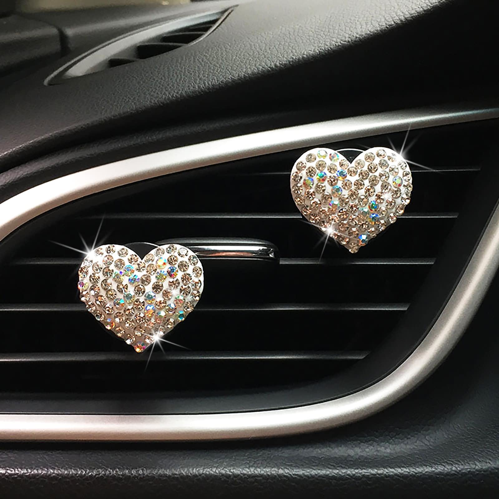 2 Pack Bling Heart Air Vent Clips - Rhinestone Car Air Freshener Holder with Crystal Decor, Elegant Car Vent Accessories for Women & Girls - Perfect for Daily Commute, Road Trips & Gift Giving
