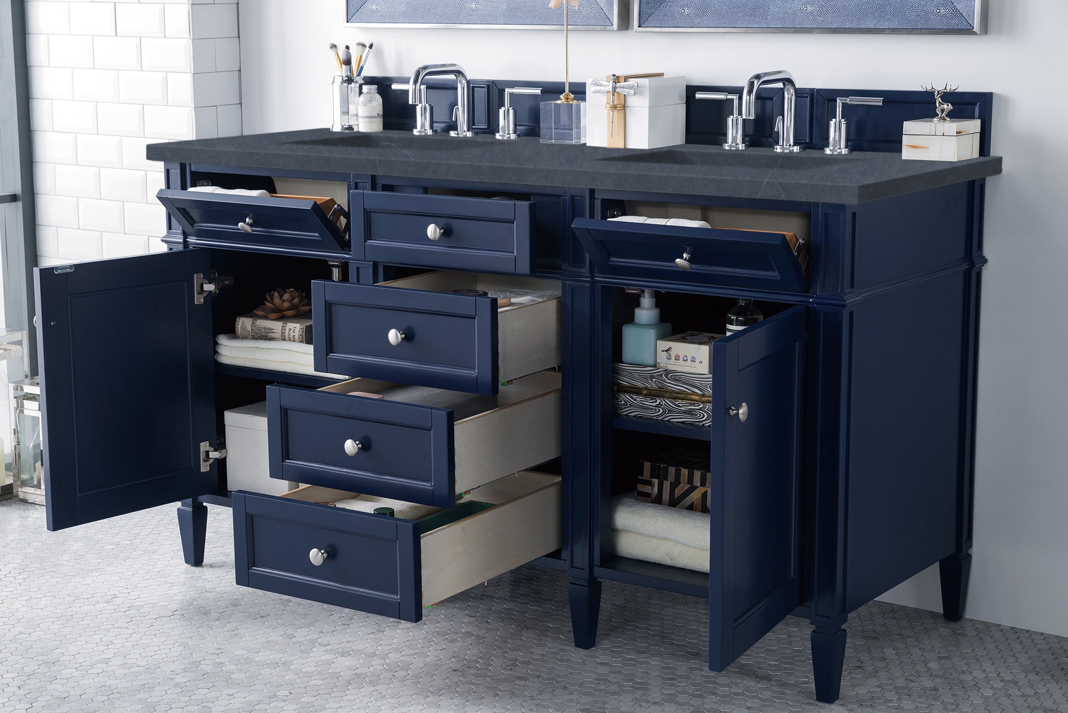 Brittany 60 Inch Double Bathroom Vanity with Victory Blue Finish & 3CM Charcoal Soapstone Quartz Countertop - Perfect for Master Bathroom, Guest Bath, or Home Renovation Projects