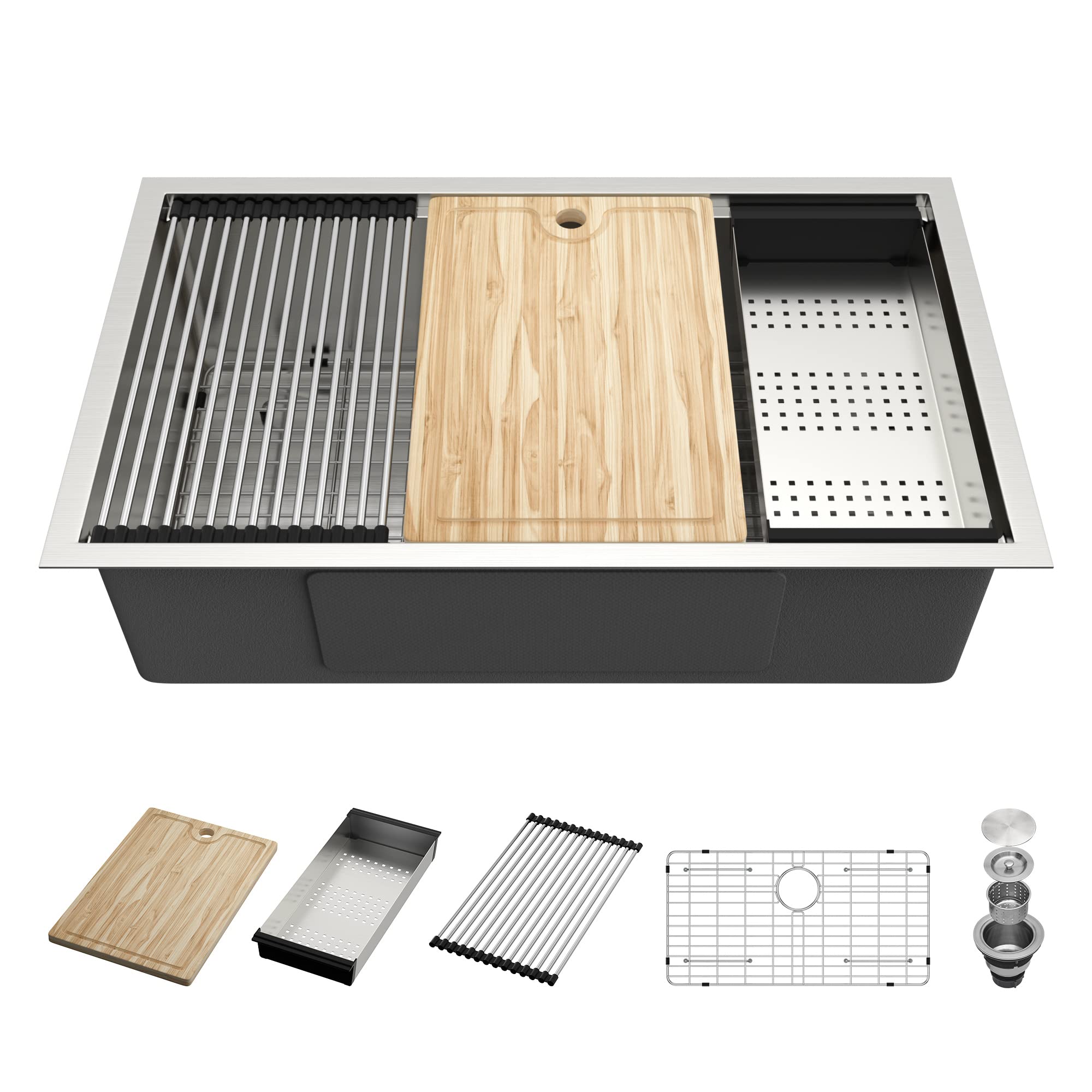 33-Inch Undermount Stainless Steel Kitchen Sink Workstation - 18 Gauge Single Bowl with Built-in Ledge & Wood Cutting Board - Perfect for Food Prep, Dishwashing, and Modern Kitchen Renovations