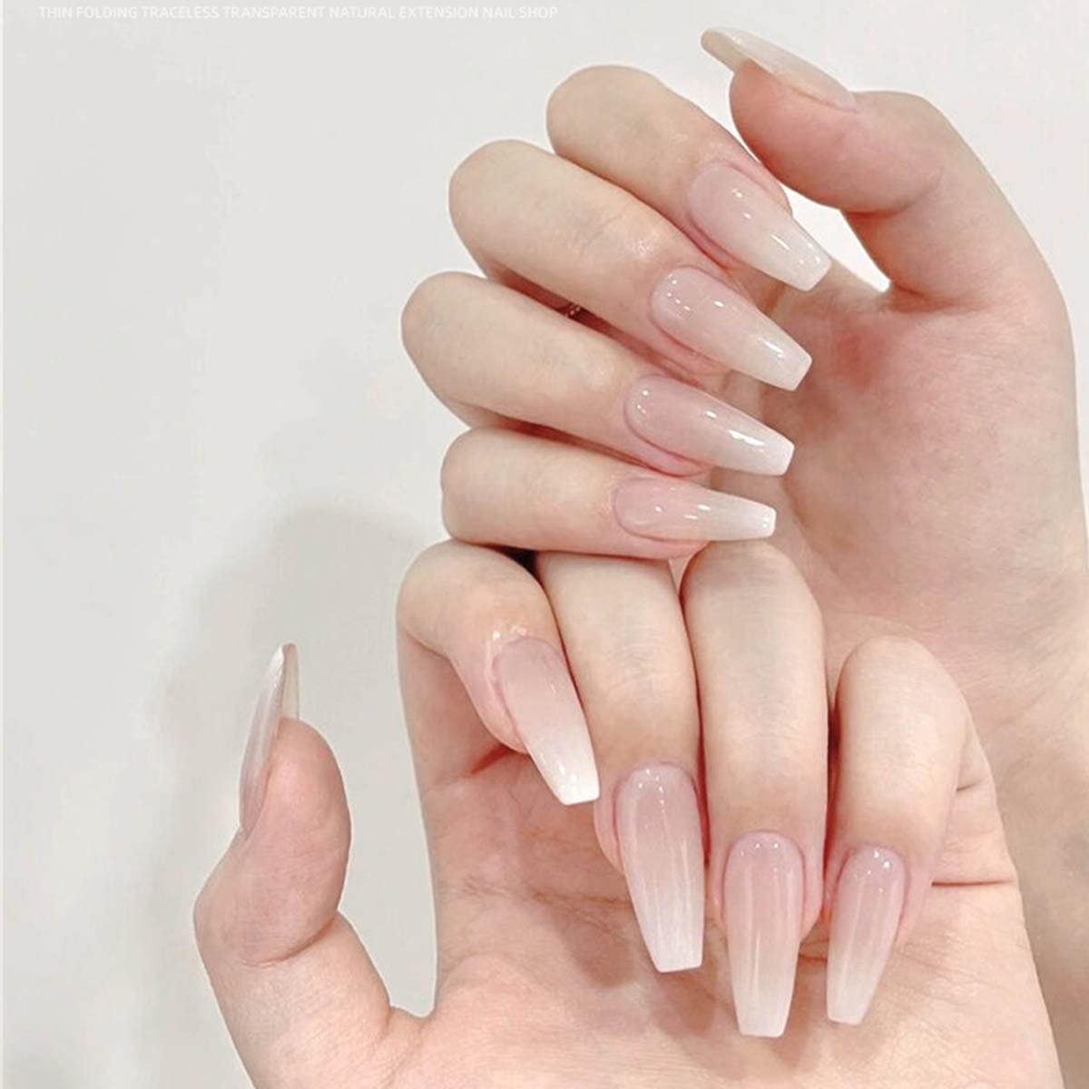 Bufenia Glossy Ballerina Press on Nails - 24Pcs Coffin Fake Nails with Gradient French Tips, White Square Acrylic Full Cover False Nails for Women & Girls - Perfect for Parties, Weddings, and Daily Wear