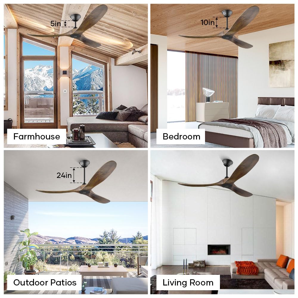 70 Inch Modern Ceiling Fan No Light - Industrial Farmhouse Style Indoor/Outdoor Ceiling Fan for Patio, Bedroom & Living Room - Silent Inverter Motor - Brown Finish - Perfect for Home, Office and Commercial Spaces