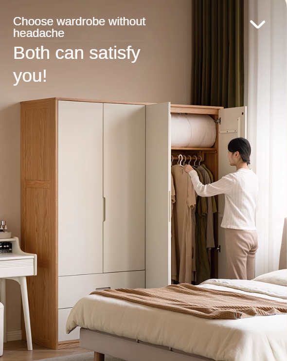 Oak Solid Wood Log Cream Style Wardrobe - Rustic Bedroom & Living Room Storage Furniture for Home Organization