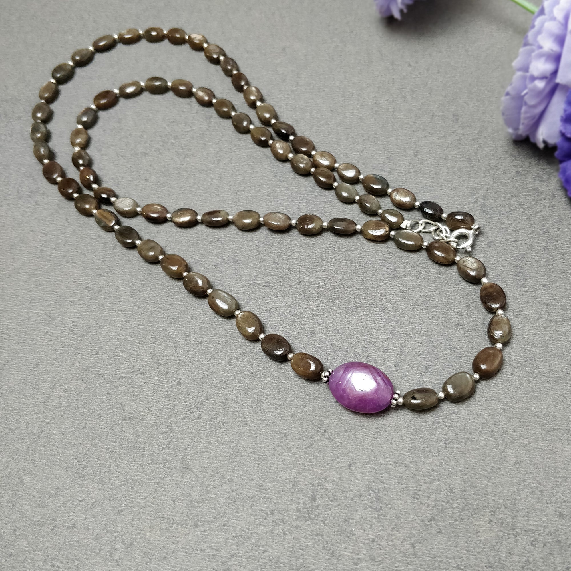 Natural Untreated Chocolate Sapphire & Star Ruby Gemstone Necklace - 131.45cts Oval Cut with 925 Sterling Silver (7x5mm - 15x11mm, 24.5