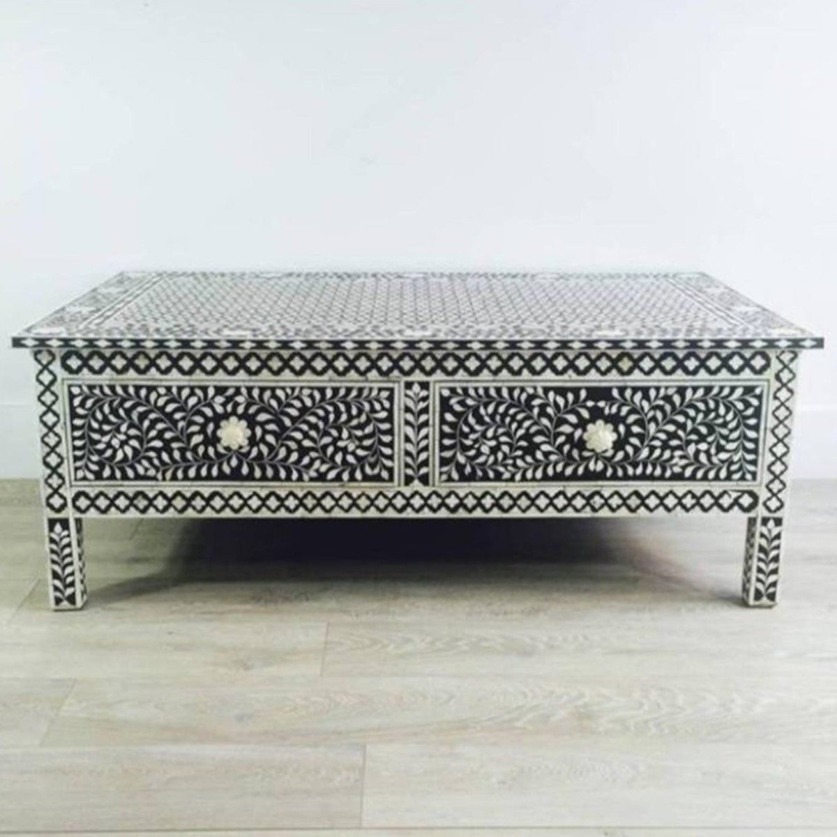 Handmade Bone Inlay Black Coffee Table with Two Drawers - Elegant Boho Side Table for Living Room, Bedroom & Office Decor