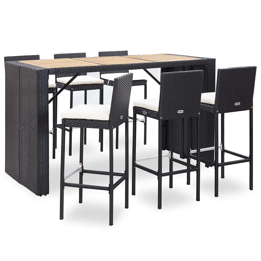 vidaXL 7-Piece Patio Bar Set with Wood Tabletop & Cushions - Black Poly Rattan Outdoor Furniture for Backyard, Poolside, or Garden Entertaining