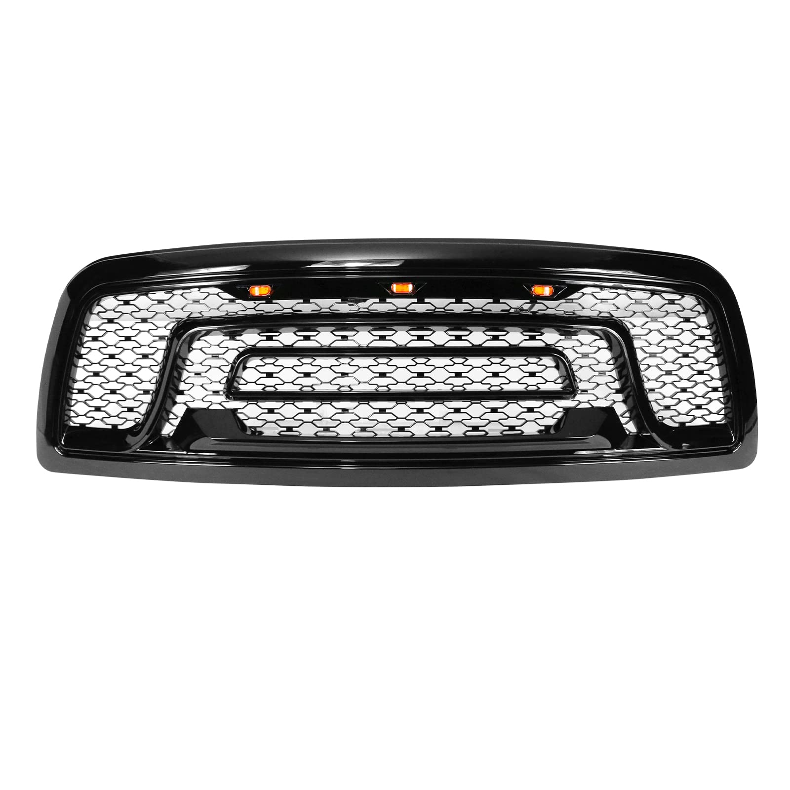 IKON MOTORSPORTS Gloss Black Mesh Grille for 2009-2012 Ram 1500 - Upper Front Bumper Hood Grill Shell with LED Signal Lights | Perfect for Off-Roading & Truck Customization