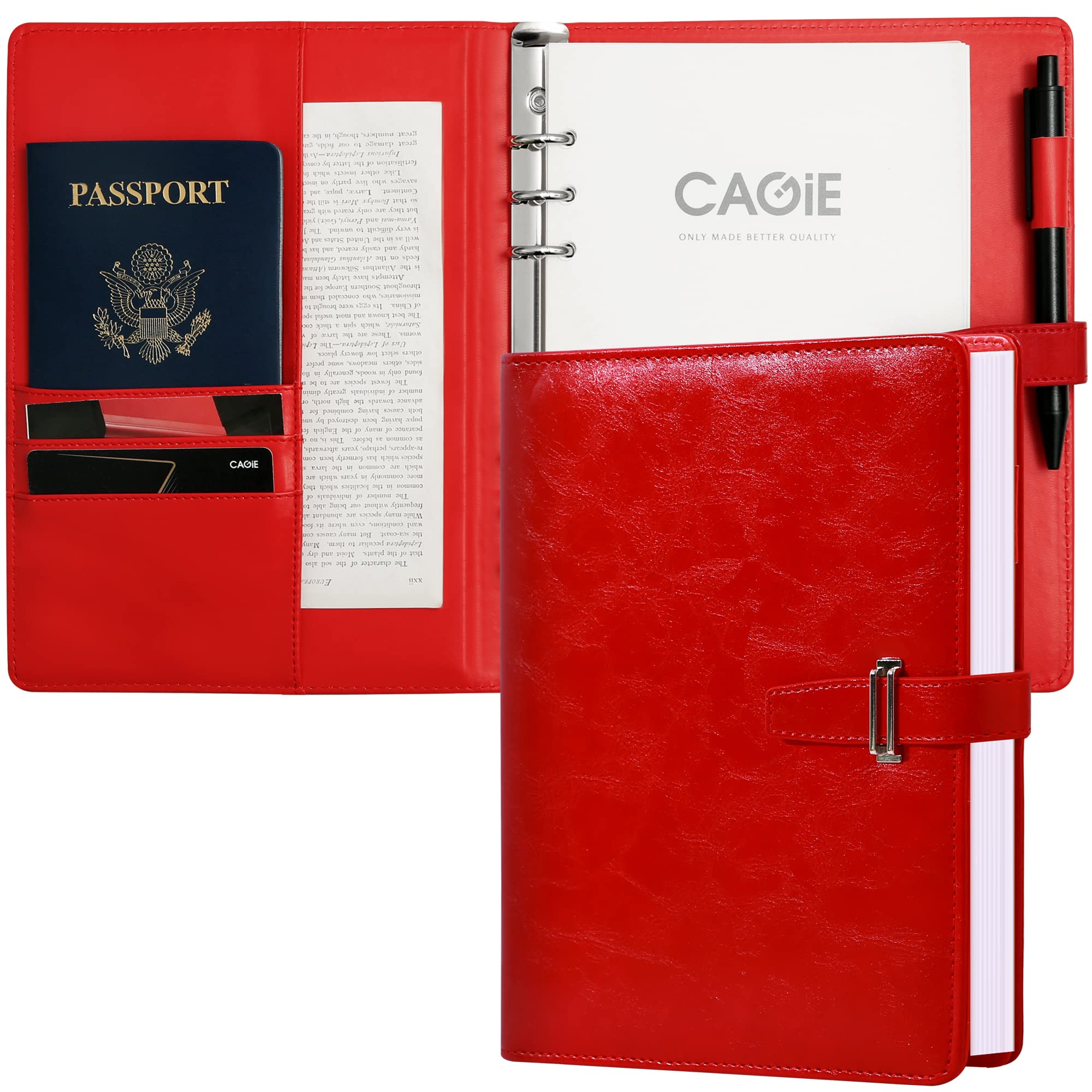 Premium CAGIE Leather Journal Notebook - Refillable A5 Ring Binder Planner with Undated Calendar, Ruled Pages for Work & Office Organization (Red) | Perfect for Business Professionals, Students & Creative Writing
