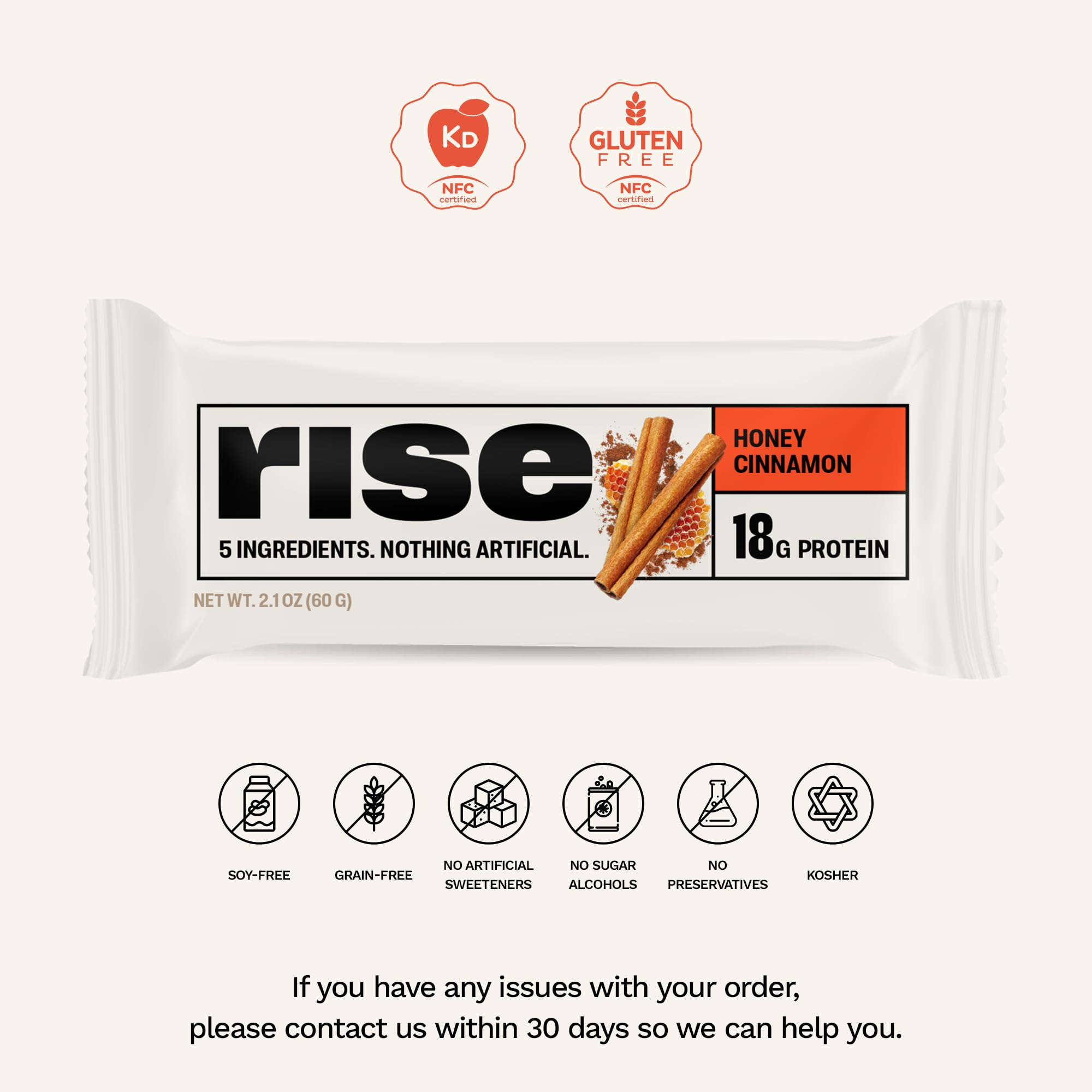 Rise Whey Protein Bars - Honey Cinnamon Flavor | High Protein Snack Bar with 18g Protein & 4g Fiber | 5 Whole Food Ingredients | Gluten-Free, Soy-Free | Perfect for Breakfast, Post-Workout & On-the-Go Energy