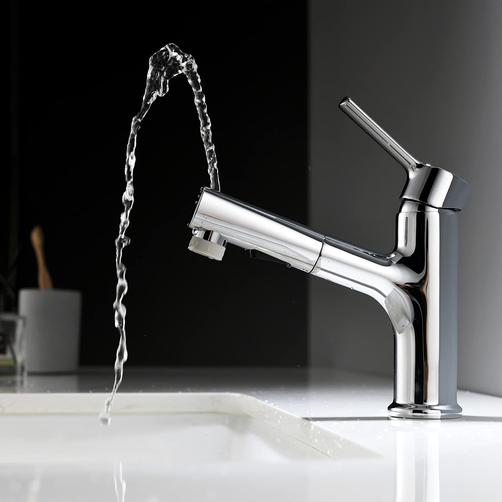 Single Handle Bathroom Sink Faucet with Pull Down Sprayer - Chrome Vanity Faucet for Hot & Cold Water - Perfect for Vessel Sinks, Lavatories, and Modern Bathroom Renovations