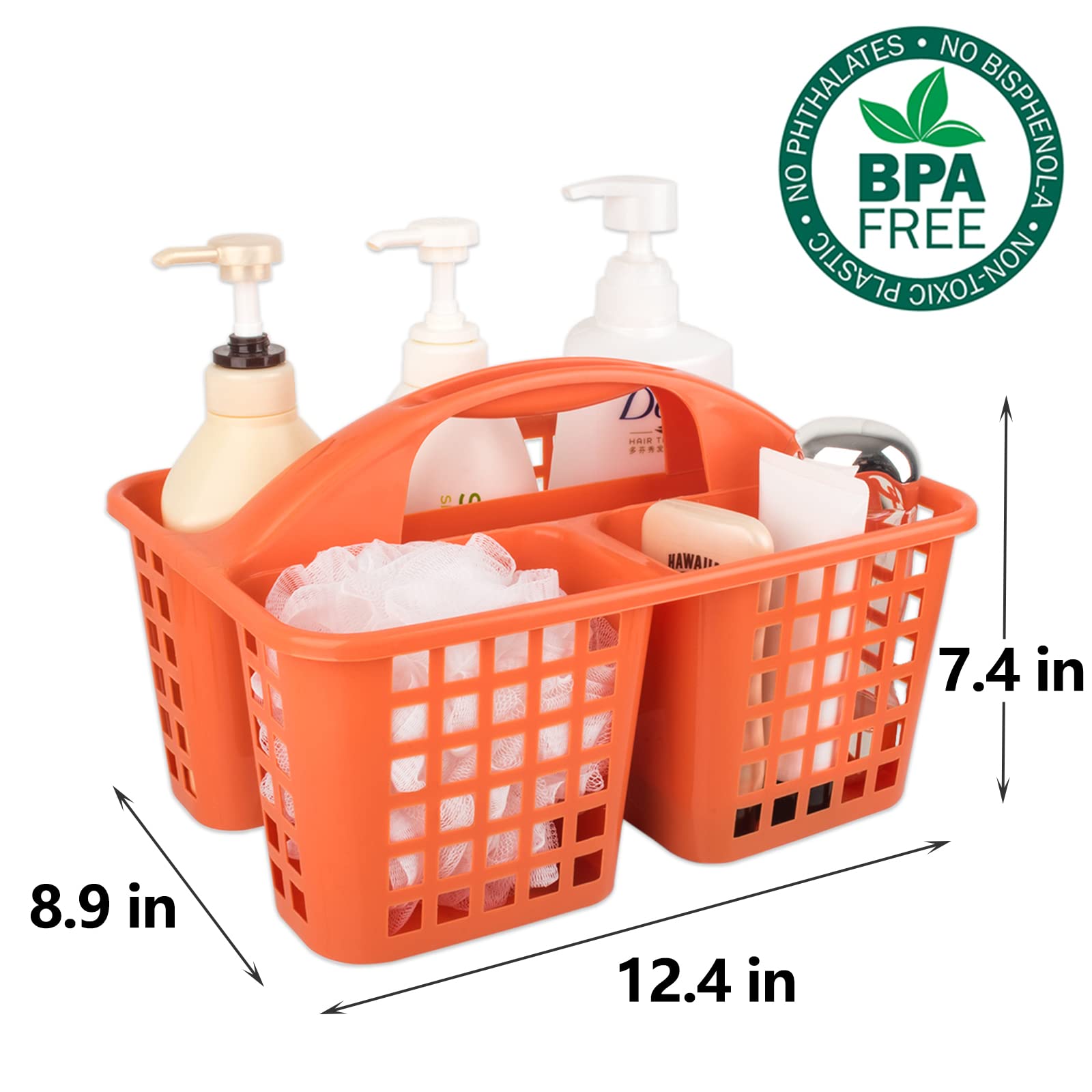 JiatuA Portable Shower Caddy Basket with Compartments - Plastic Storage Organizer with Handle for Bathroom, Kitchen, College Dorm & Under Sink - Ideal for Cleaning Supplies, Toiletries & Household Items (Orange)