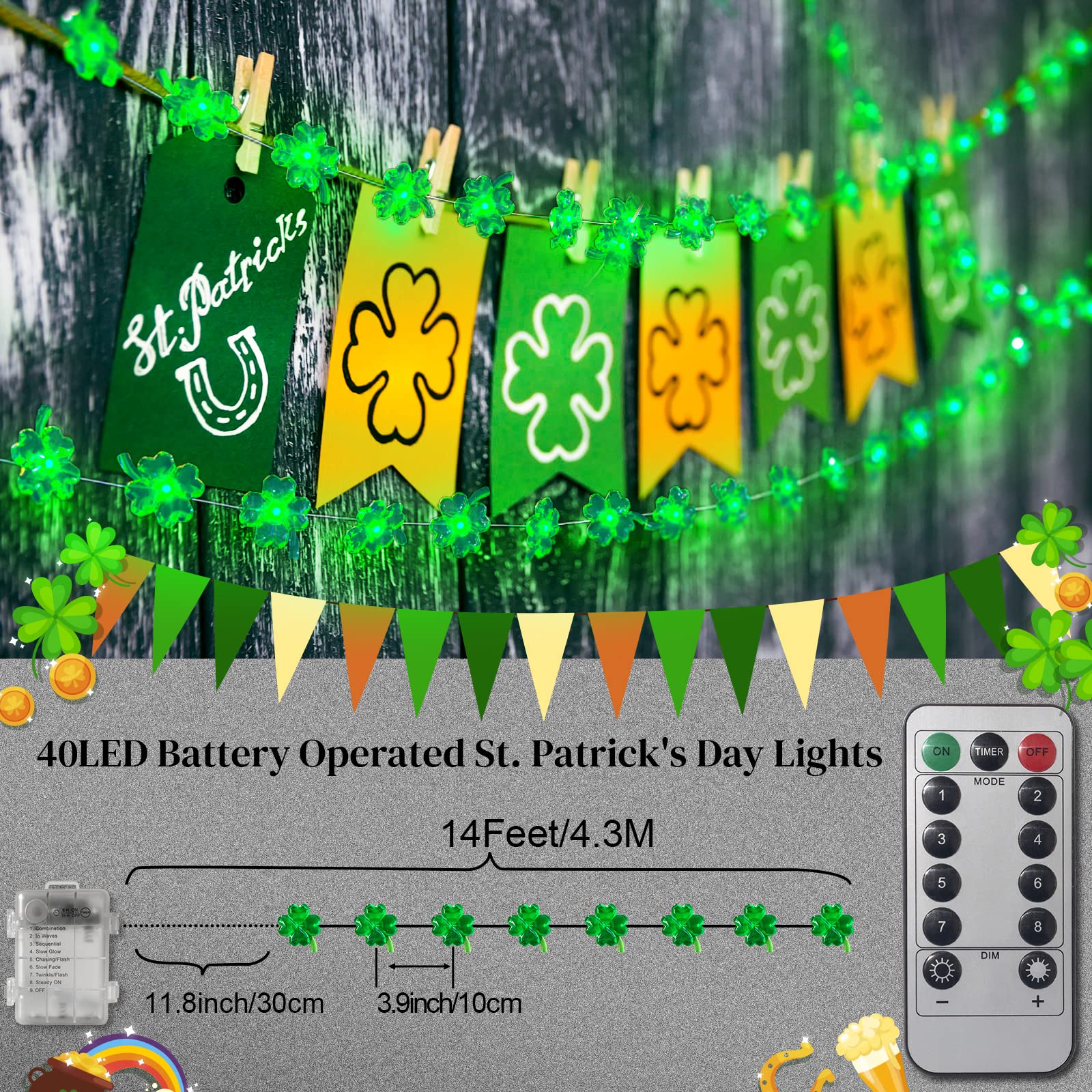 St. Patrick's Day Decorations - 13FT Green Battery Operated LED Shamrock String Lights with Remote Control | Indoor/Outdoor Party Decor for St. Patrick's Day, Irish Themed Events & Home Celebration
