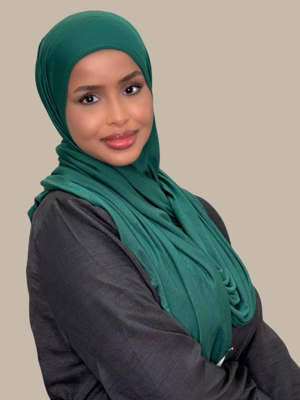 Pre-Sewn Jersey Hijab in Forest Green - Soft & Comfortable Muslim Headscarf for Everyday Wear & Prayer