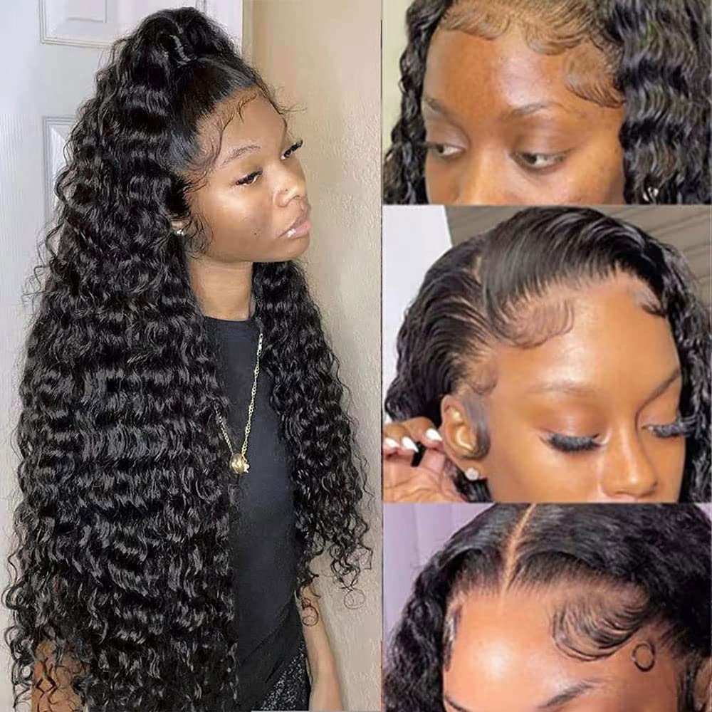 360 Full Lace Deep Curly Wave HD Transparent Lace Front Wigs - 100% Brazilian Virgin Human Hair - Pre Plucked with Baby Hair for Black Women (20 Inch, Natural Look) - Perfect for Daily Wear, Parties, Weddings & Special Occasions