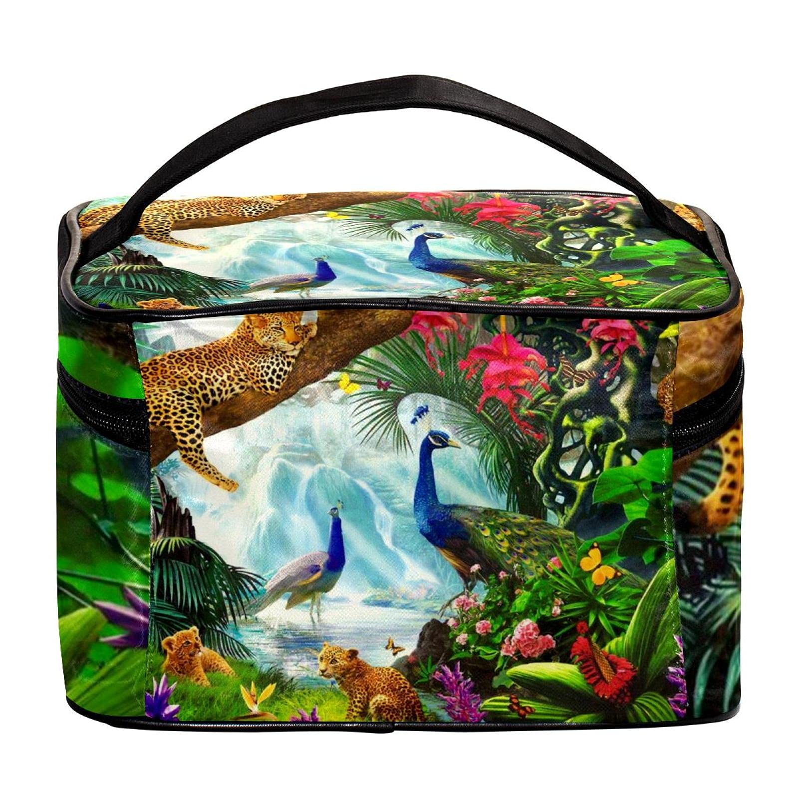 Stylish Forest Animals Peacock Cheetah Print Large Travel Makeup Bag - Waterproof Cosmetic Organizer with Zipper for Women & Girls | Perfect for Travel, Gym, and Daily Essentials Storage
