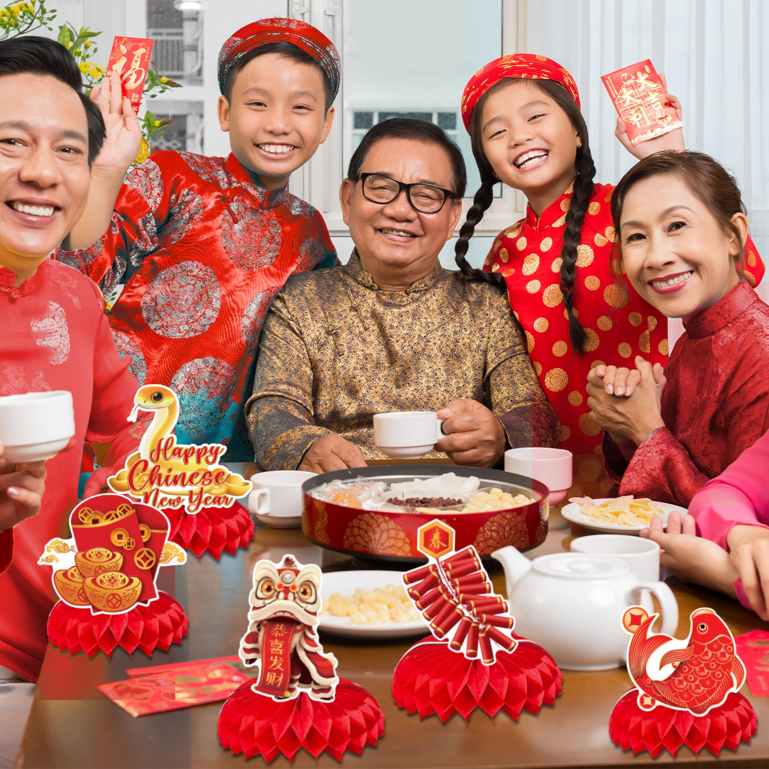 GREHUMOR 9Pcs Chinese Lunar New Year 2025 Honeycomb Paper Lantern Centerpieces - Red Table Decor for Snake Year Celebrations, Spring Festival Party Supplies | Perfect for Home, Office & Restaurant Decorations