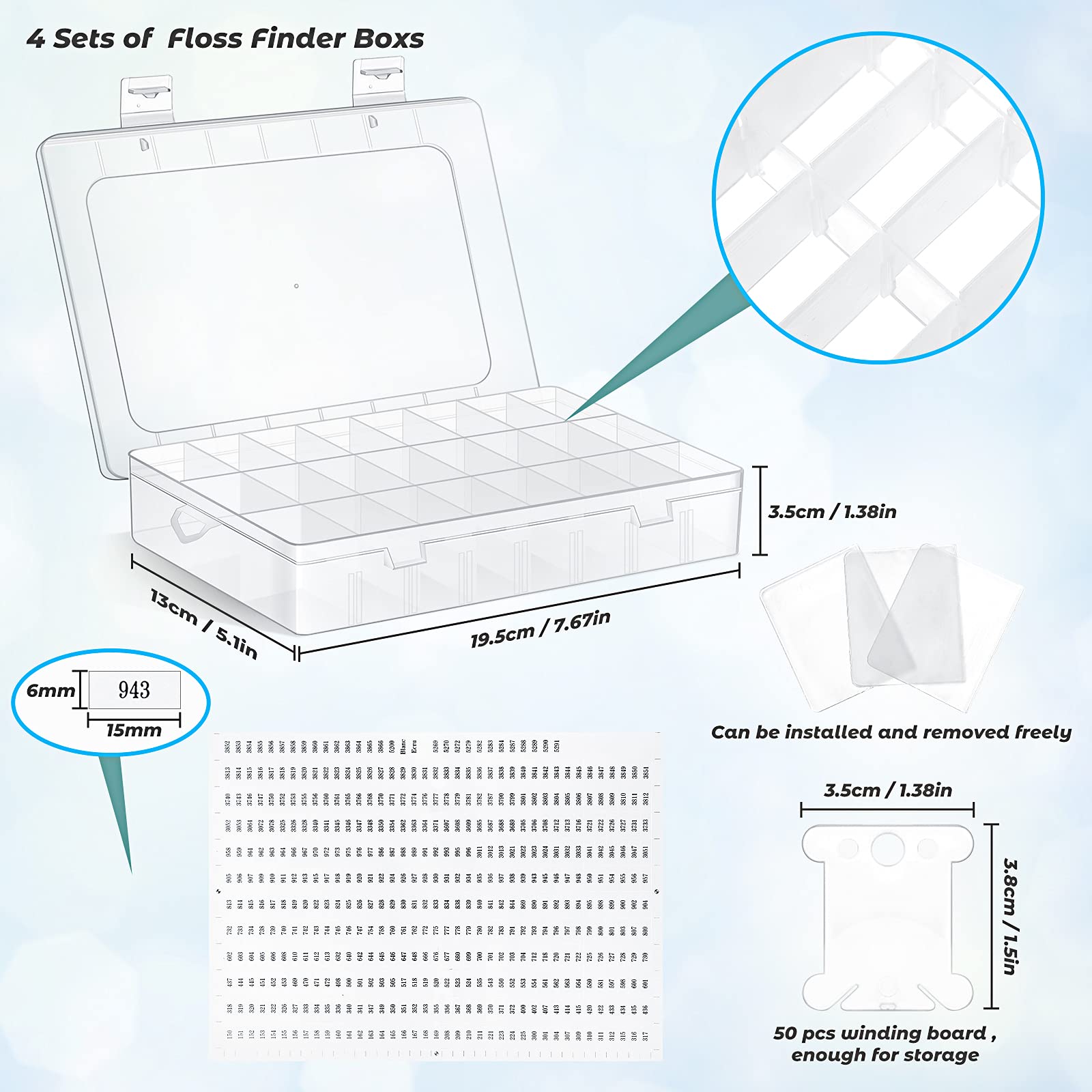 Queekay Embroidery Floss Organizer Box Set - 24 Grid Cross Stitch Thread Storage with 50 Plastic Bobbins & Number Stickers - Perfect for Sewing, Needlework & Craft Organization (4-Pack)
