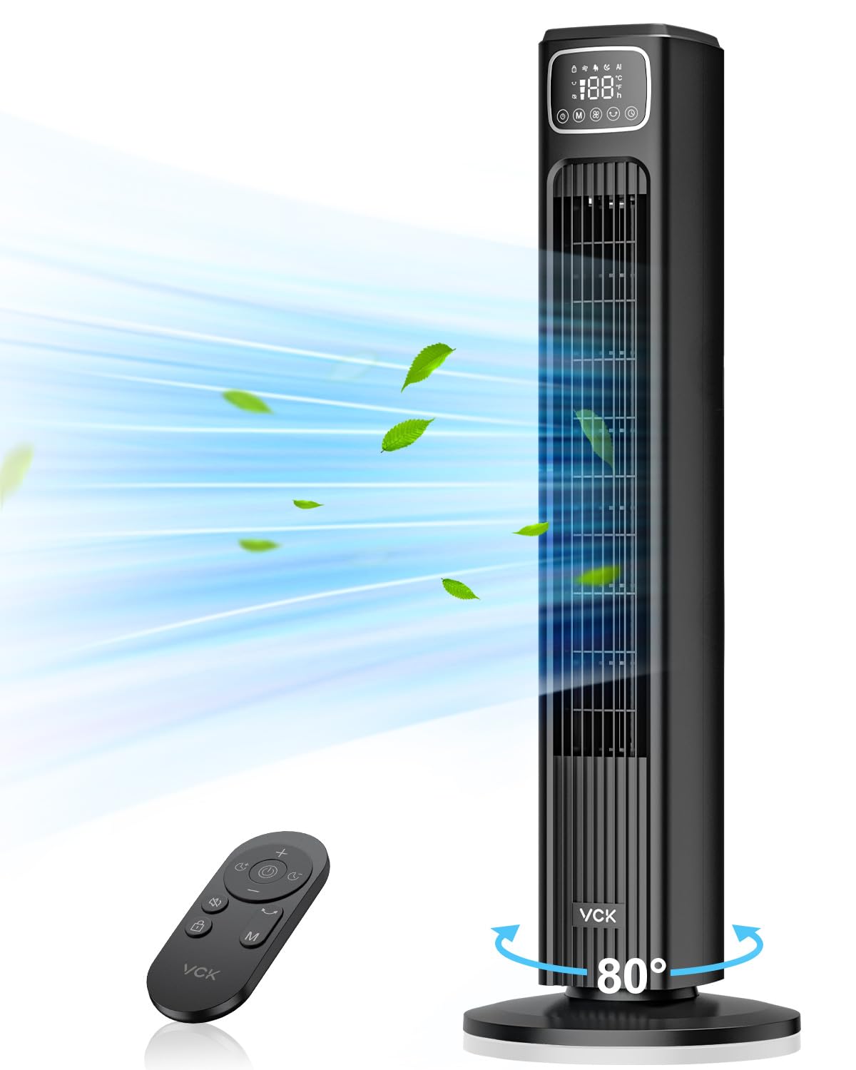 36'' Quiet Bladeless Tower Fan with Remote - 80° Oscillating, 3 Speed Adjustable, 4 Modes, 12H Timer & LED Display - Perfect for Bedroom, Home Office & Living Room Cooling