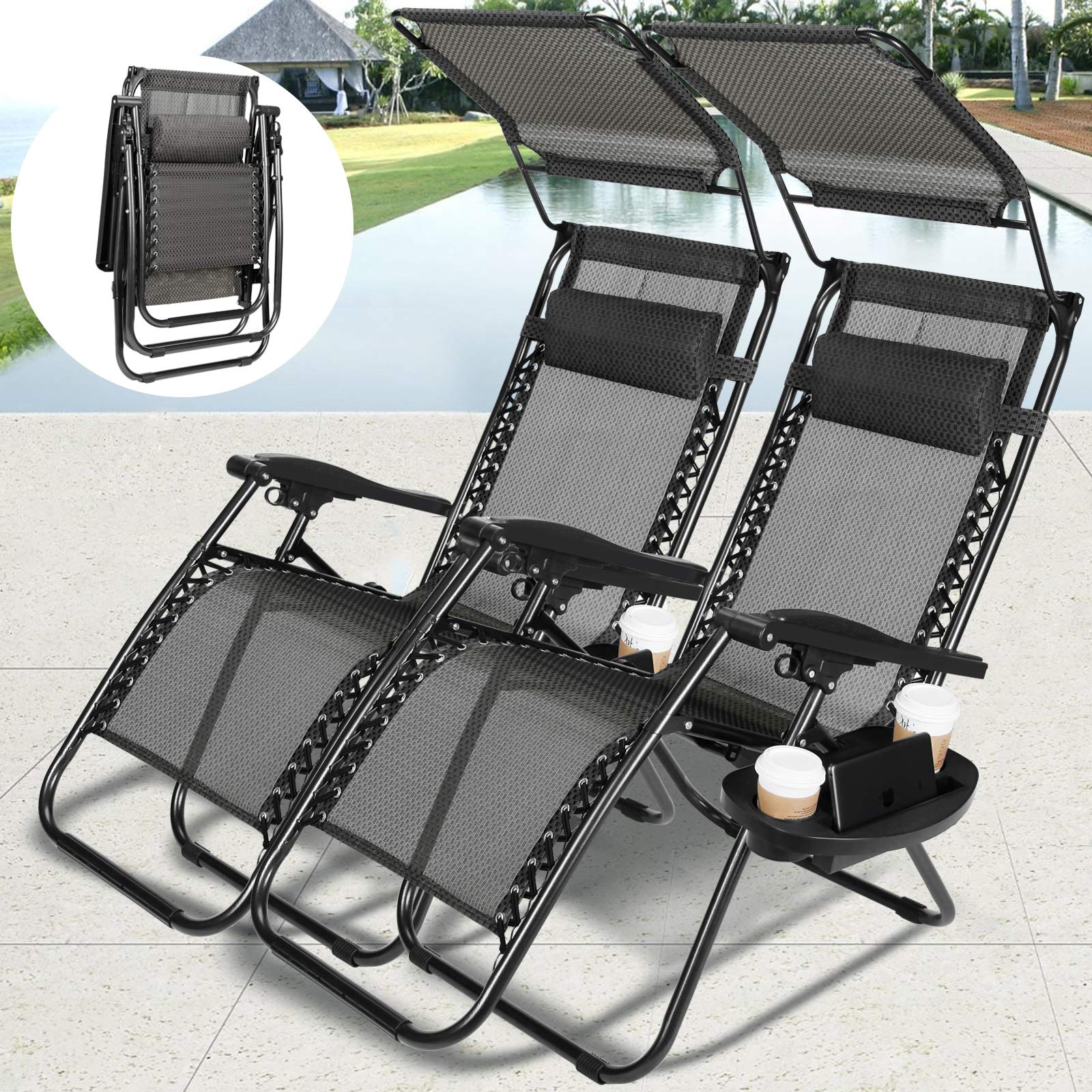 Premium Zero Gravity Reclining Lounge Chair with Adjustable Sunshade & Snack Tray - 2 Pack Black Outdoor Patio Furniture for Pool, Beach, Yard & Travel Relaxation | Perfect for Sunbathing, Camping & Backyard Lounging