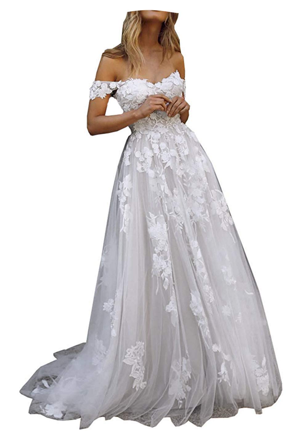 Elegant Off Shoulder Boho Lace Wedding Dress for Women – Romantic Applique Bridal Gown for Beach, Garden & Vintage Weddings